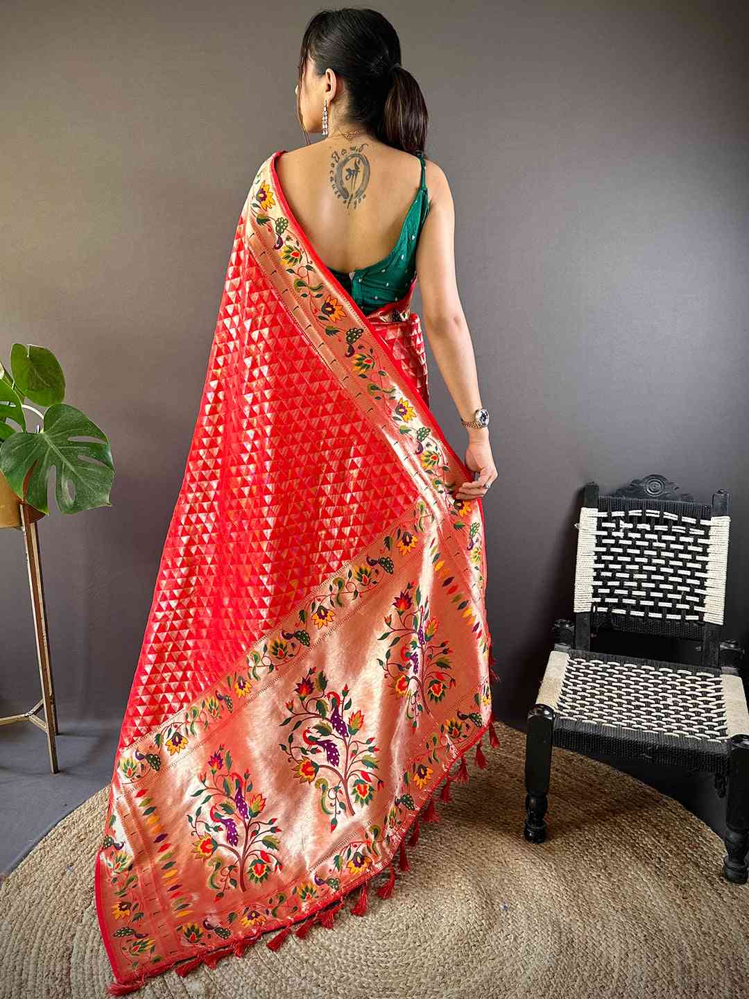 Back View of Red Silk Blend Paithani Saree with Zari Work