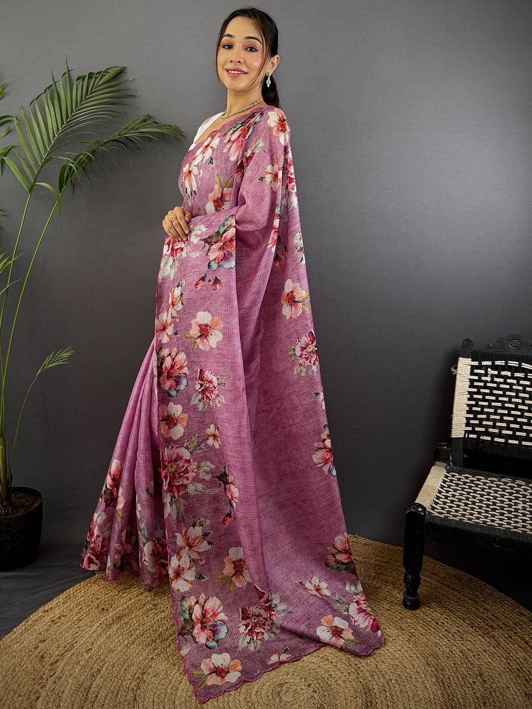 Mauve Pink Kota Floral Digital Cut Work Saree