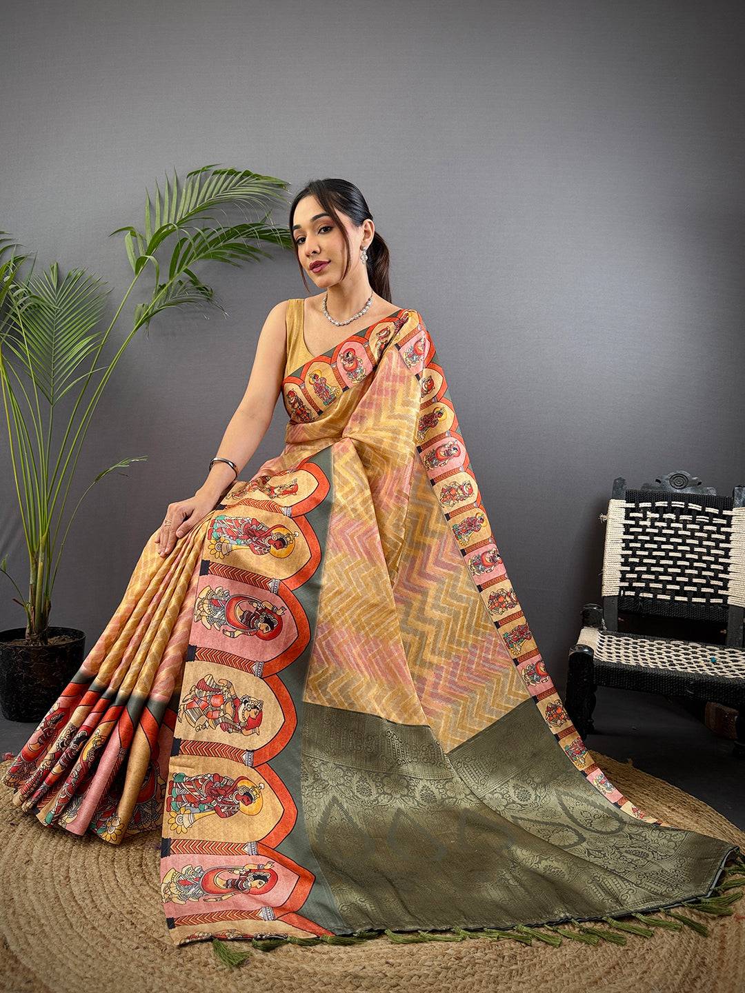 Mustard Yellow Madhubani Print Soft Silk Saree
