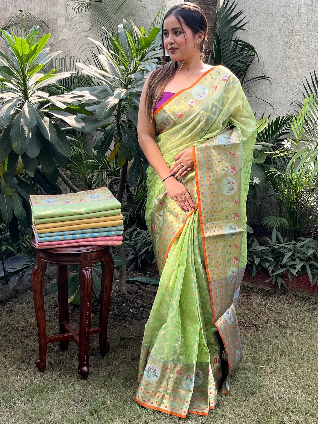 Traditional green Kota Doria saree with detailed weaving