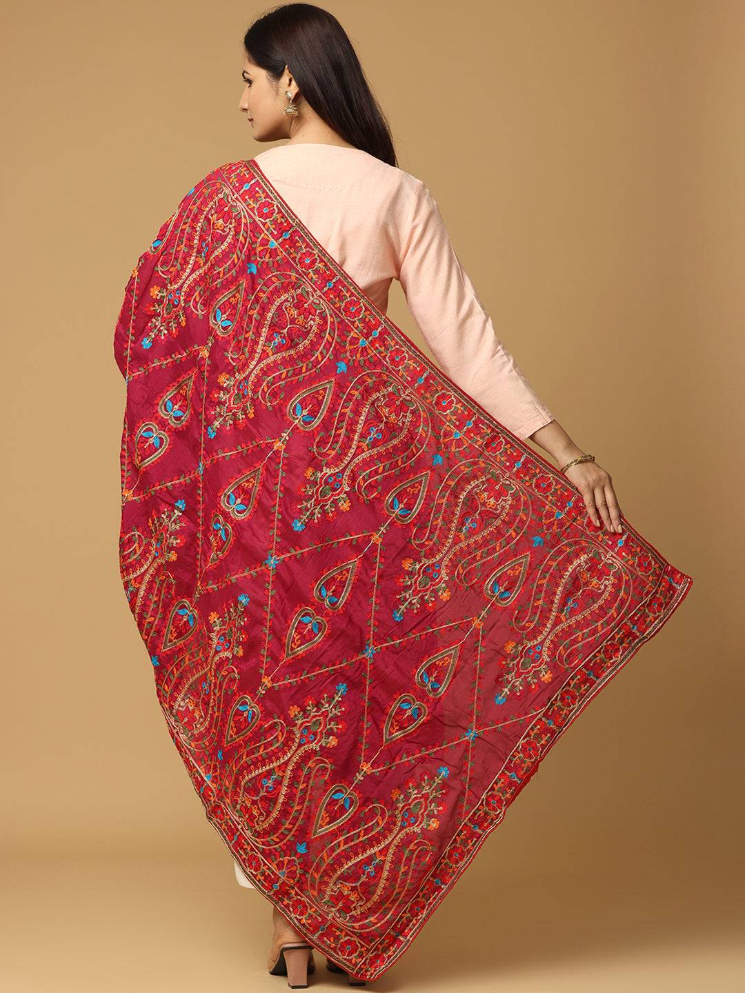Back view of wine poly chiffon pashmina threadwork dupatta