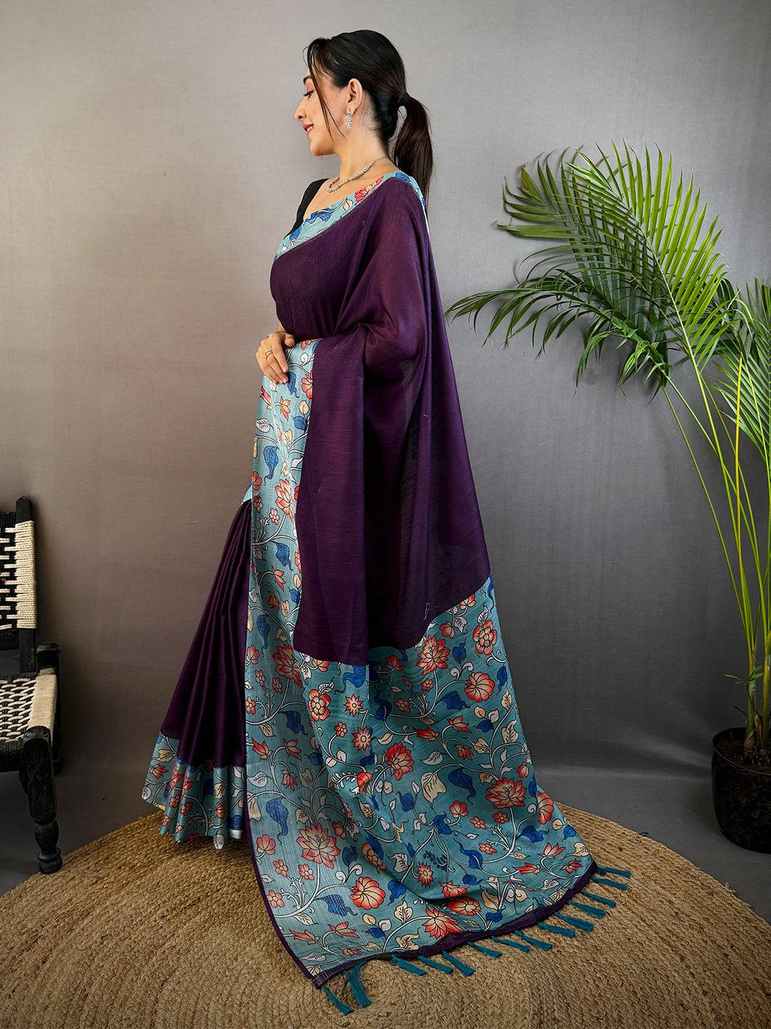 Purple Linen Kalamkari Print Saree