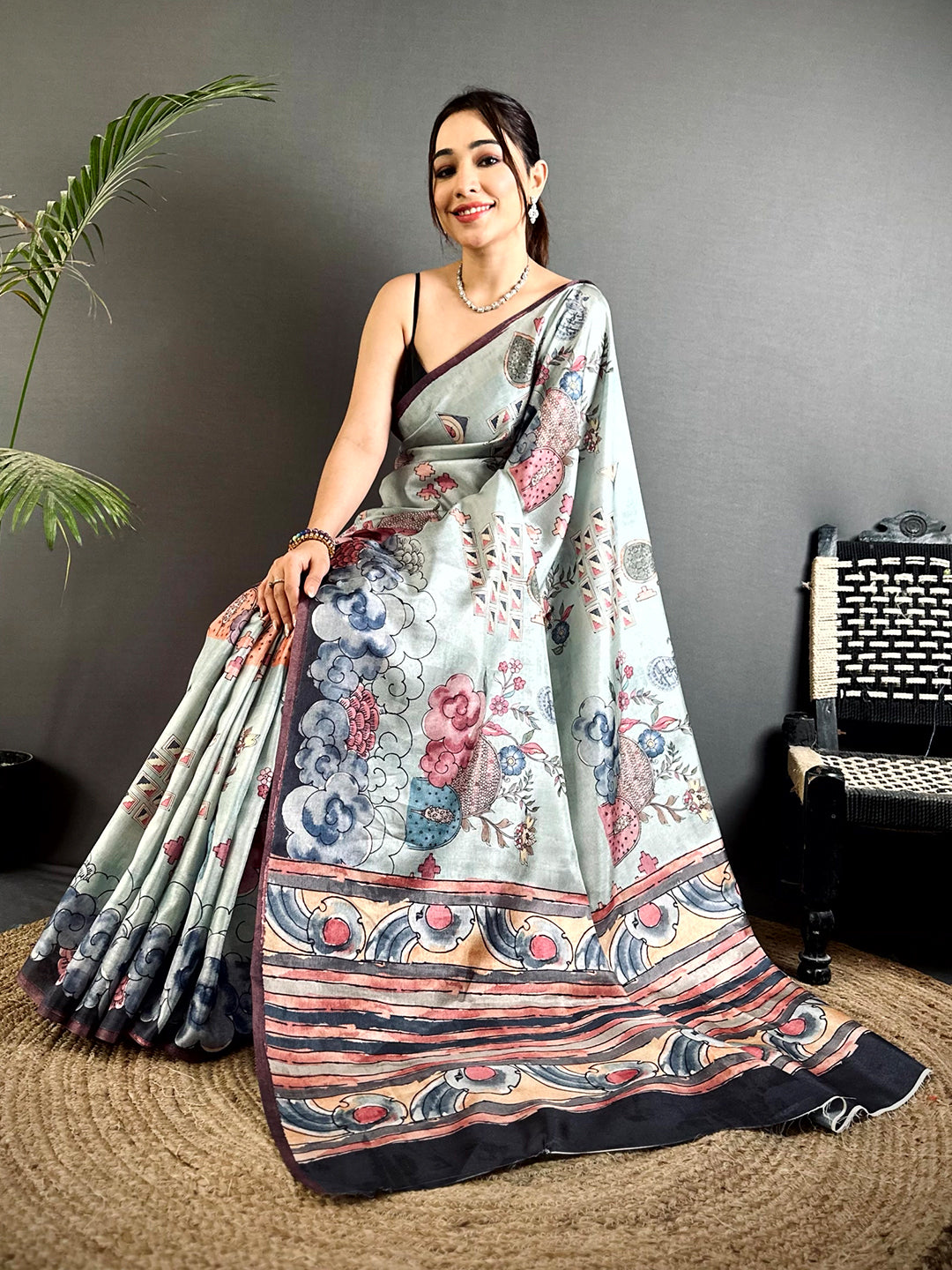 Stylish Floral Kalamkari Tussar Saree