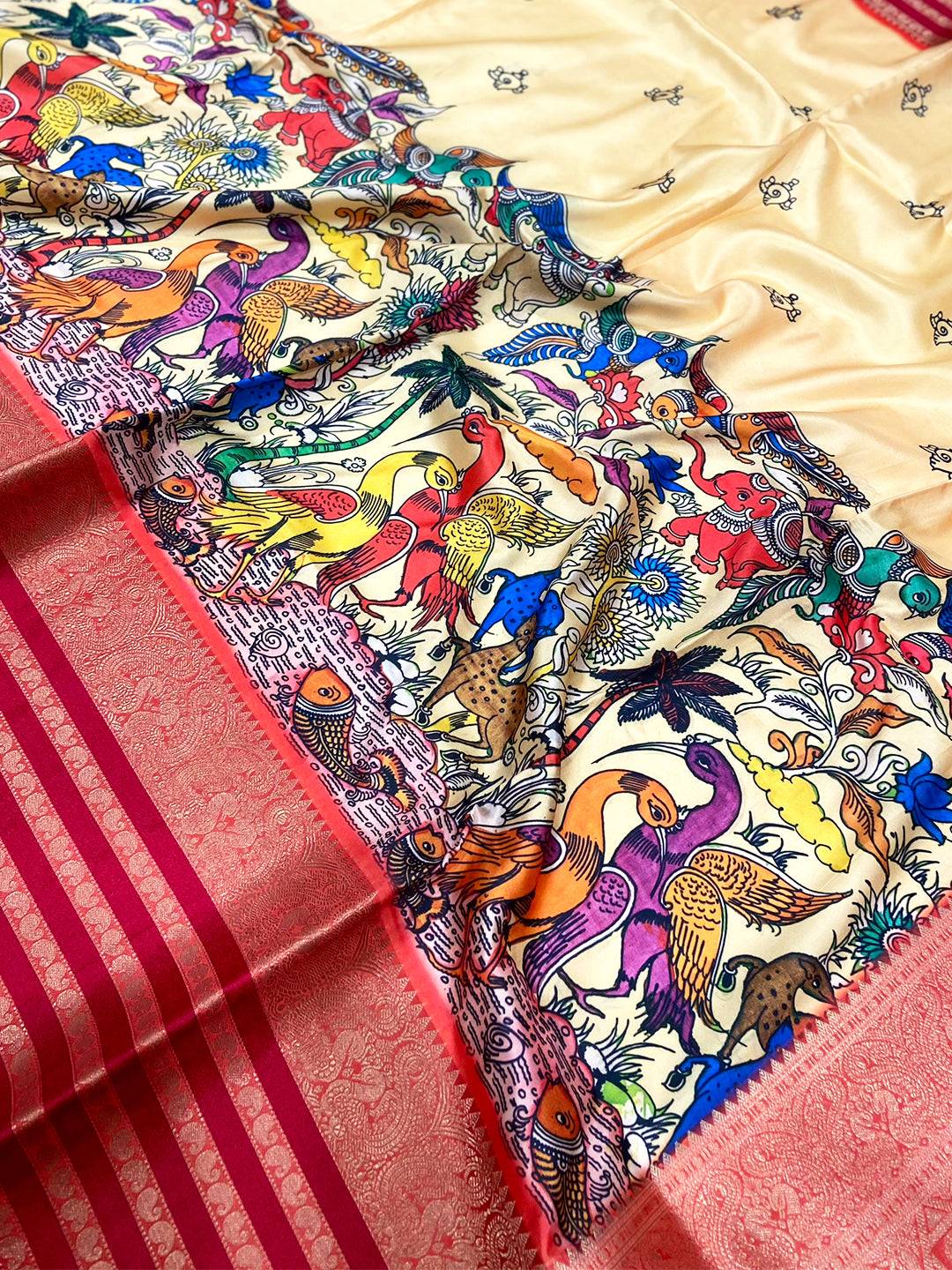 Beige Kalamkari Banarasi Silk Saree