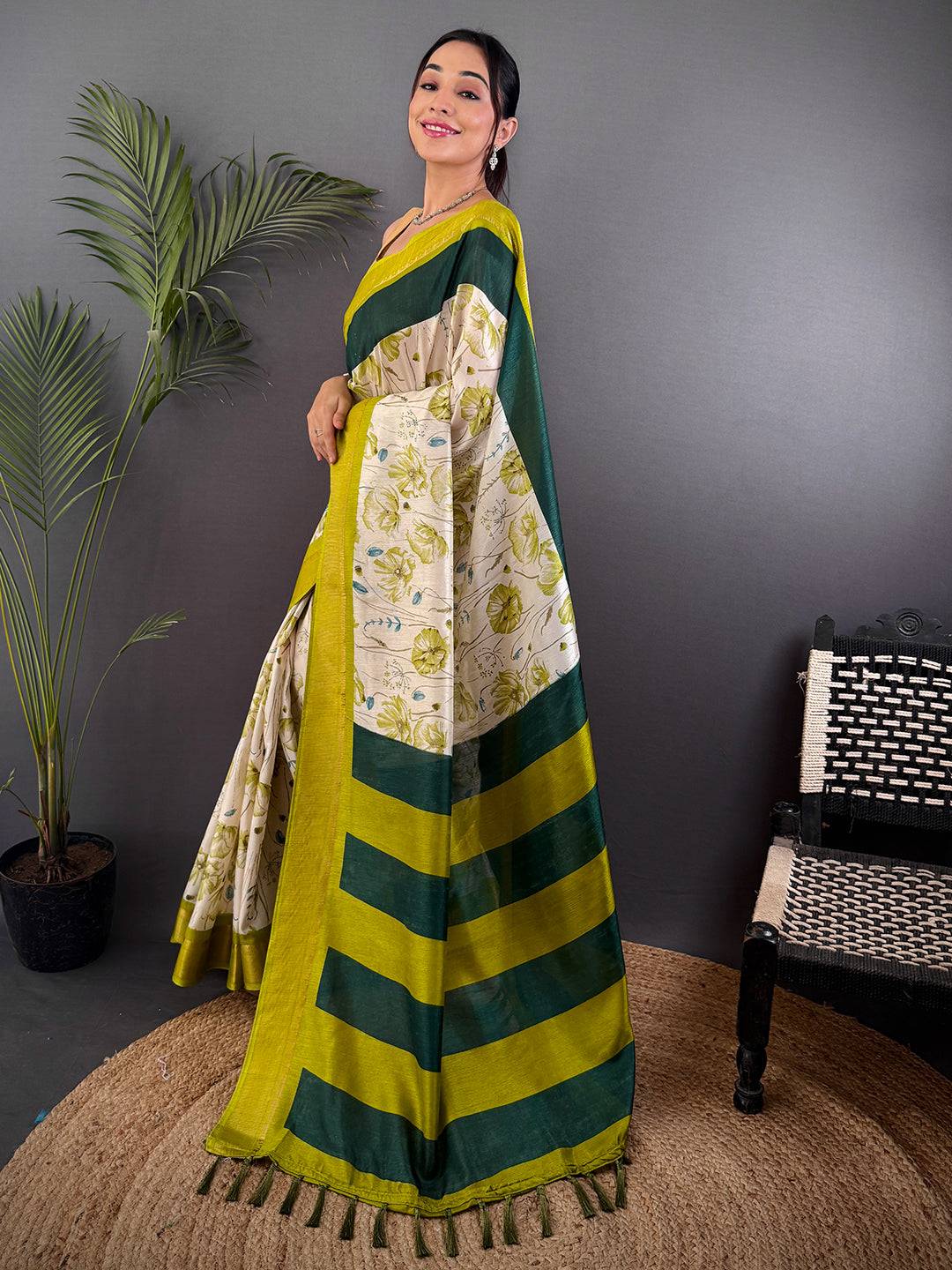 Olive Dola Silk Floral Print Saree