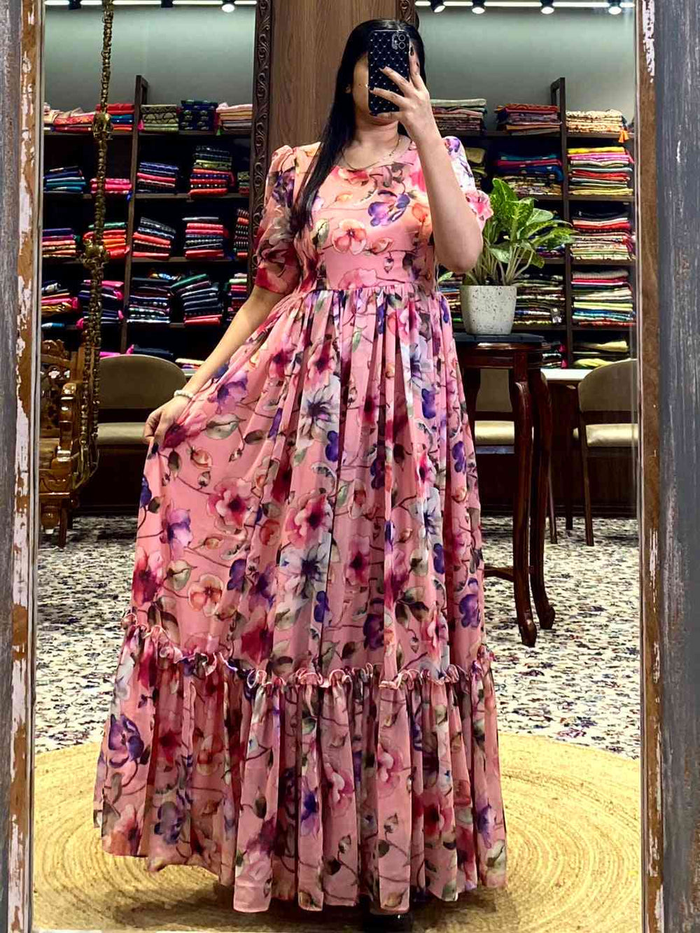 Salmon Pink Floral Georgette Dress