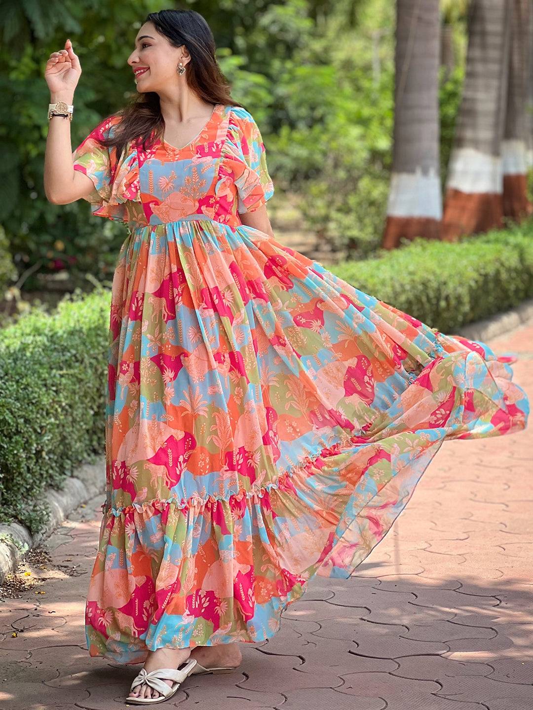 Floral Flared Multi Colour Flary Dress in garden setting