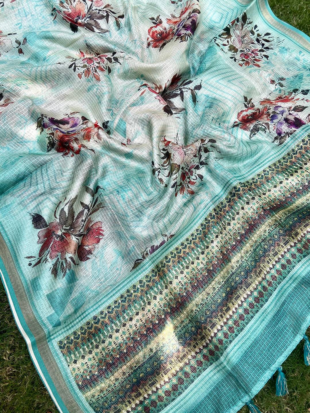 Turquoise Soft Kota Doriya Silk Saree With Flower Print