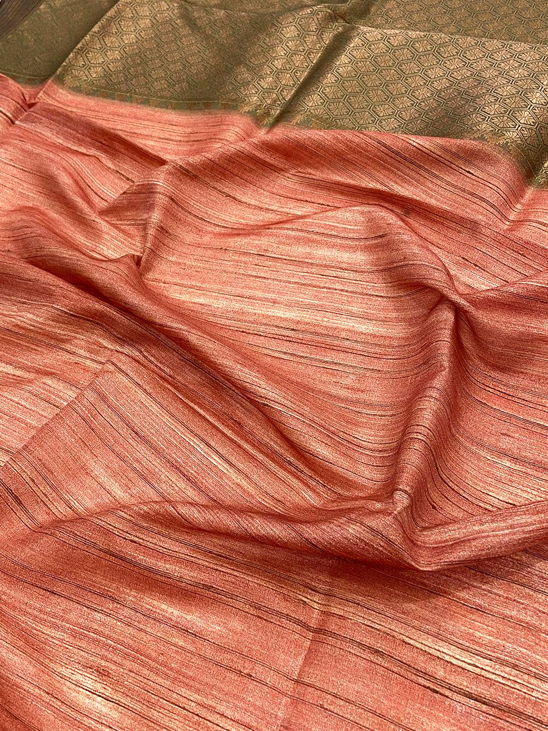 Rust Orange Tussar Ghicha Print Saree