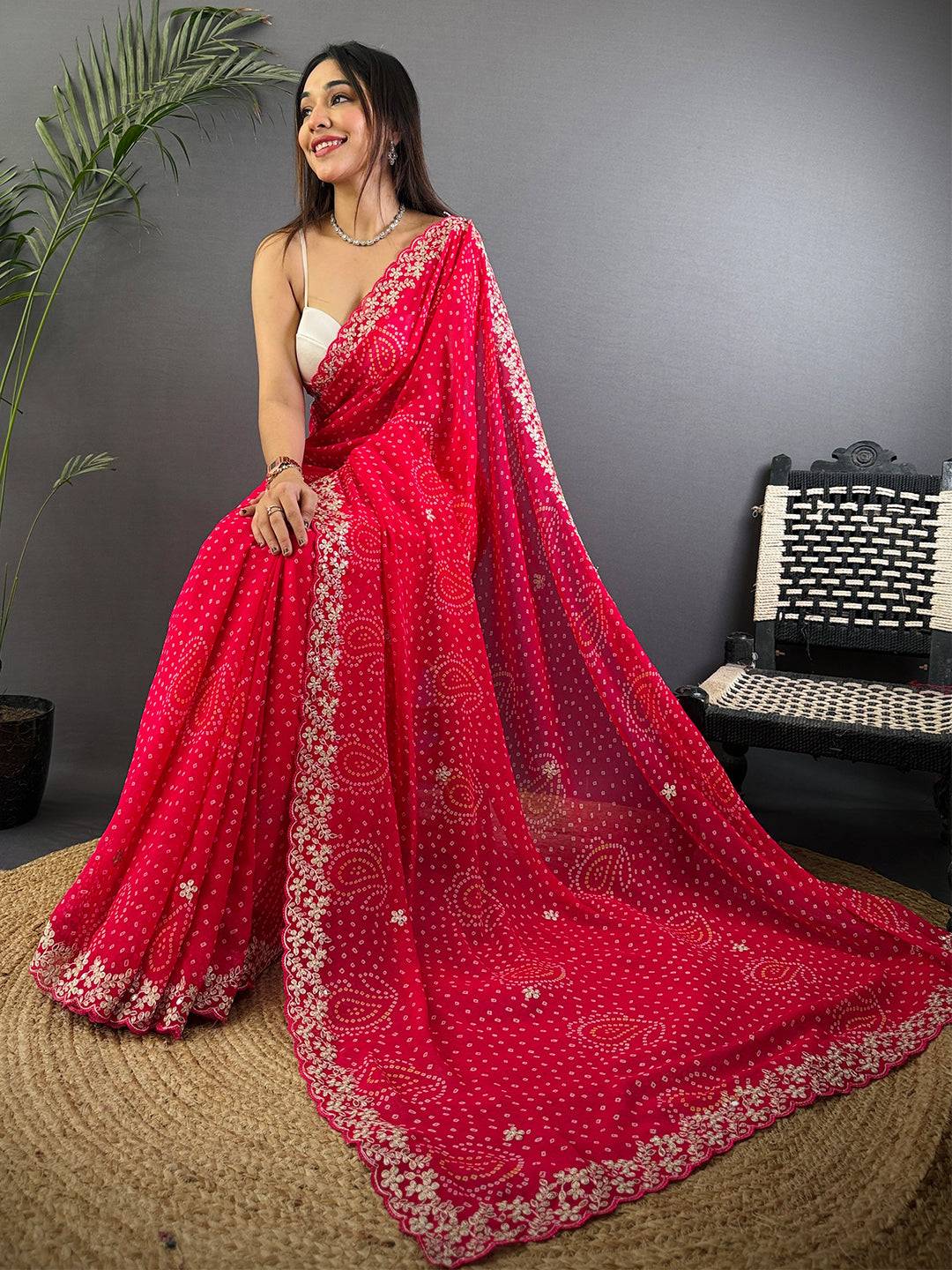 Radiant Pink Soft Georgette Bandhej Print Saree
