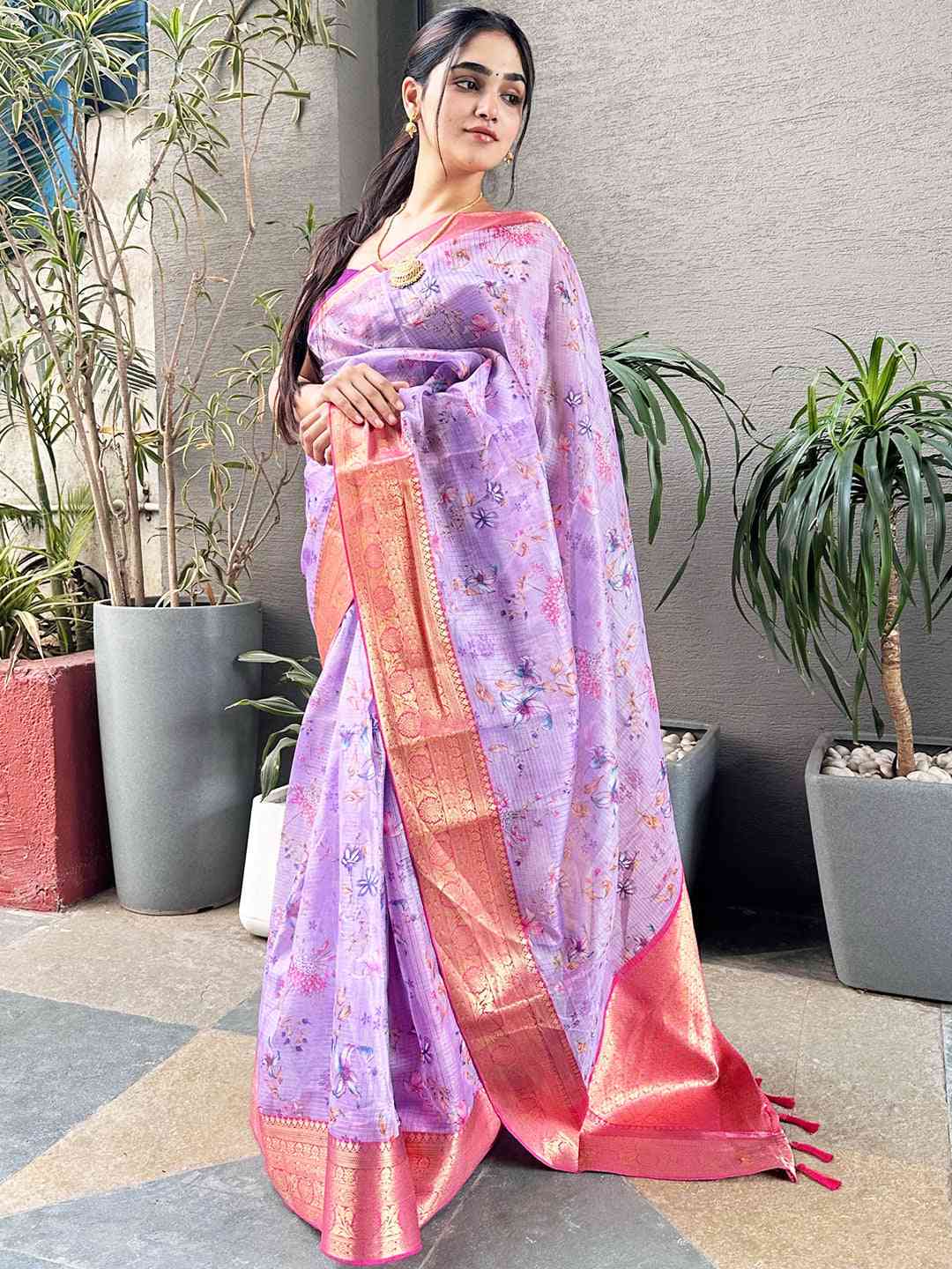 Purple digital flower print saree with intricate gold detailing