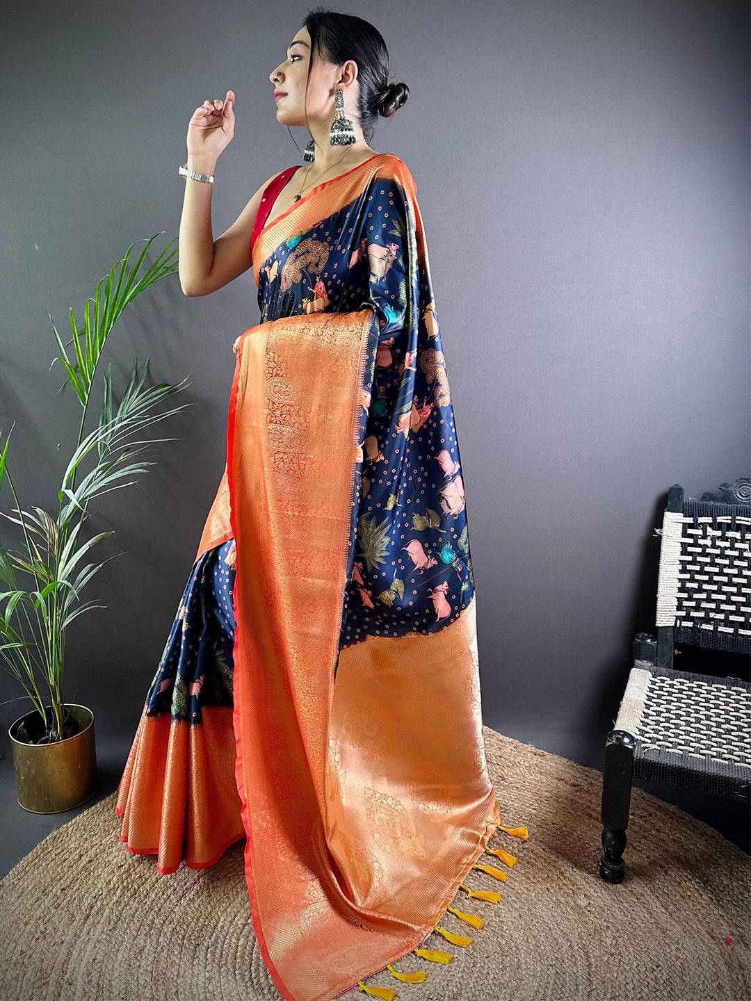 Navy Satin Pichwai Print Saree