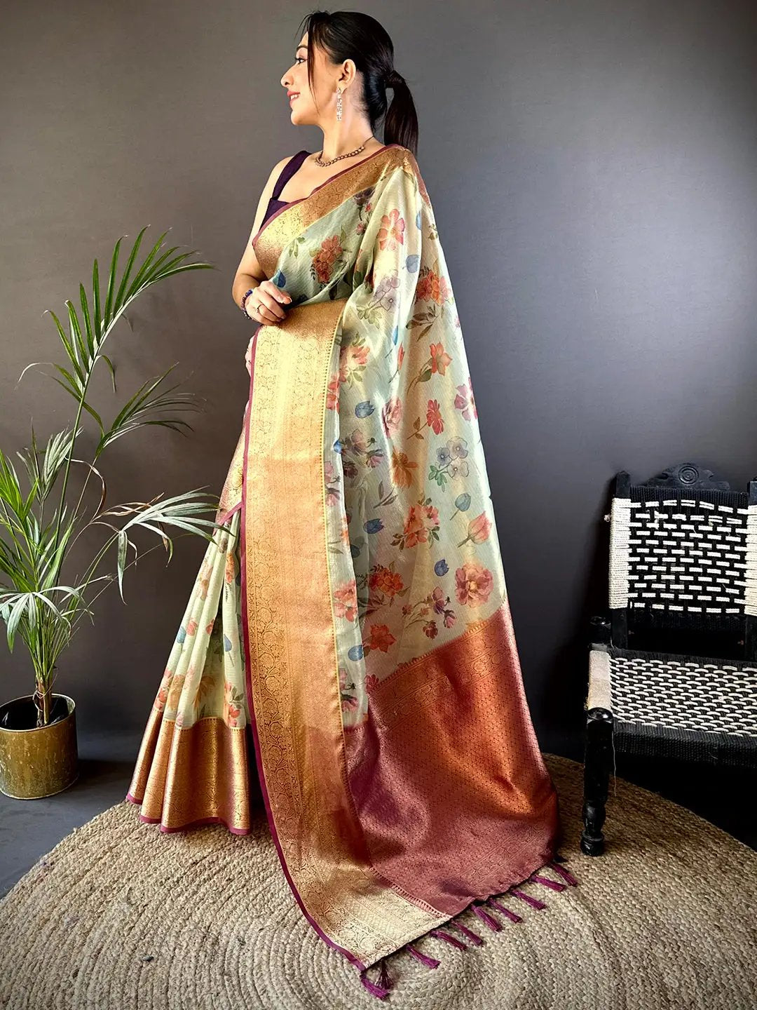 Jade Green Floral Gold Zari Tissue Saree