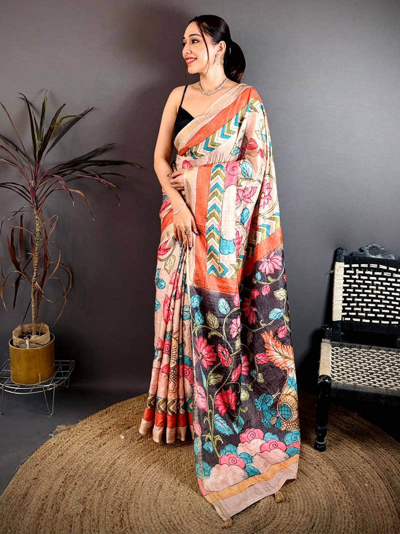Elegant Pen Kalamkari Ghicha Tussar Saree