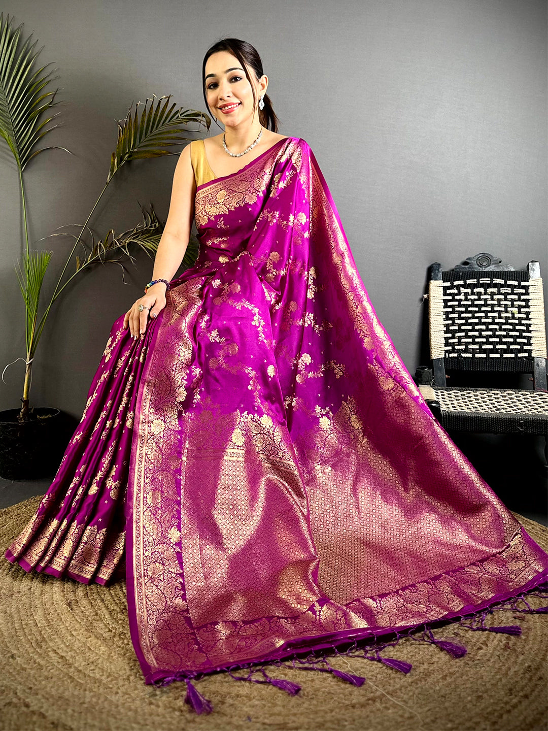 Magenta Satin Silk Zari Weave Saree