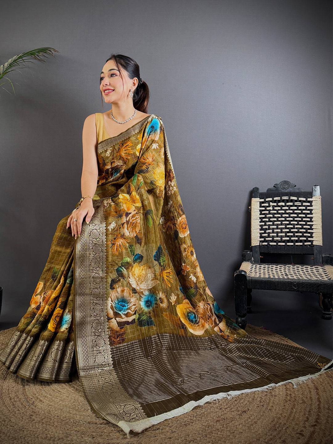 Graceful Olive Pure Viscose Floral Saree