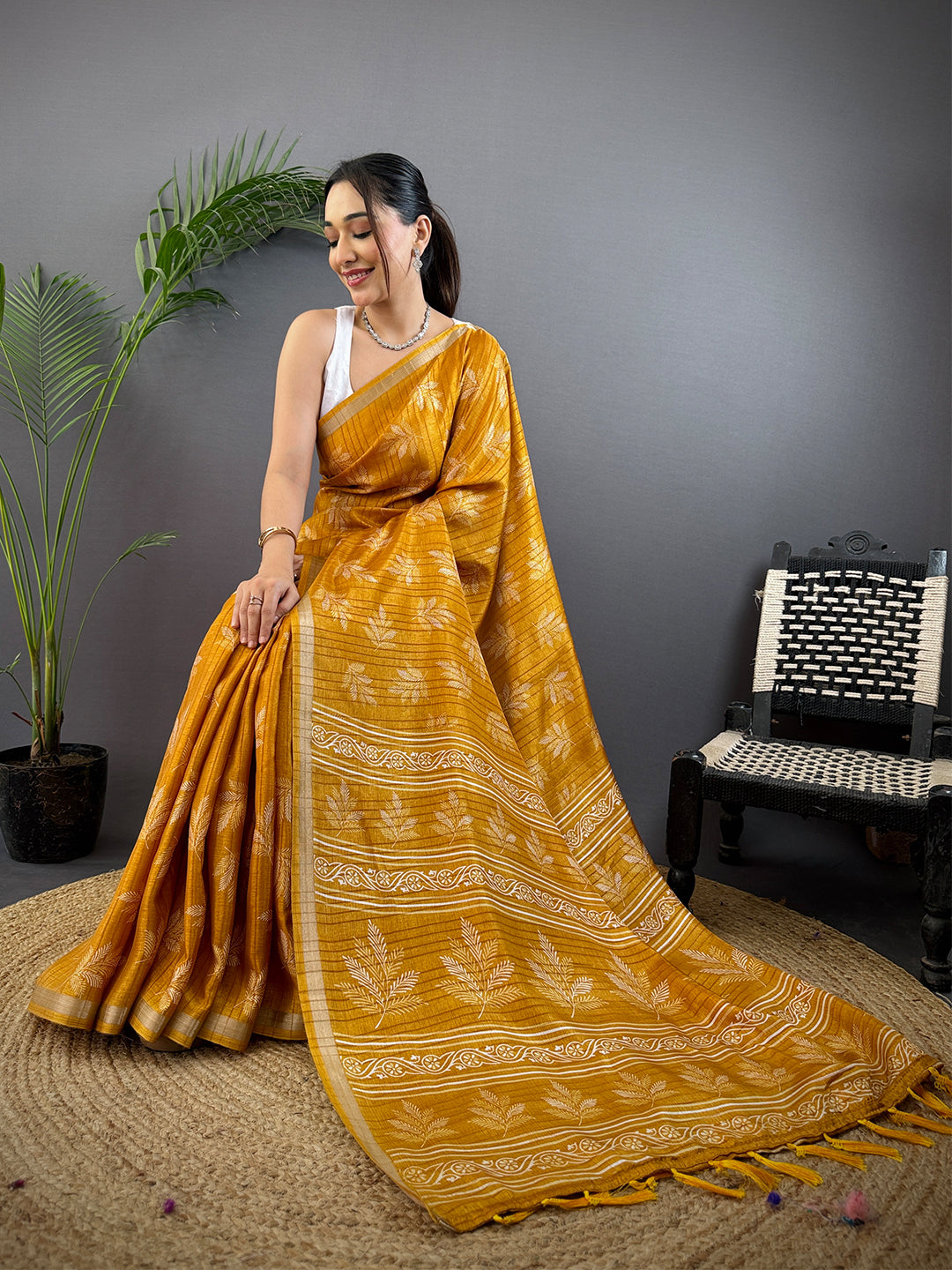 Mustard Leaf Print Ghicha Handloom Saree