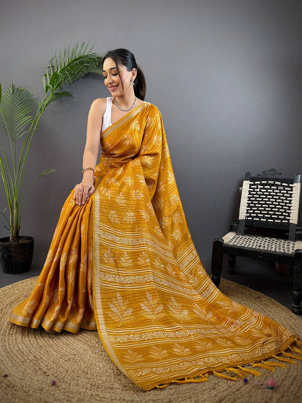 Mustard Leaf Print Ghicha Handloom Saree