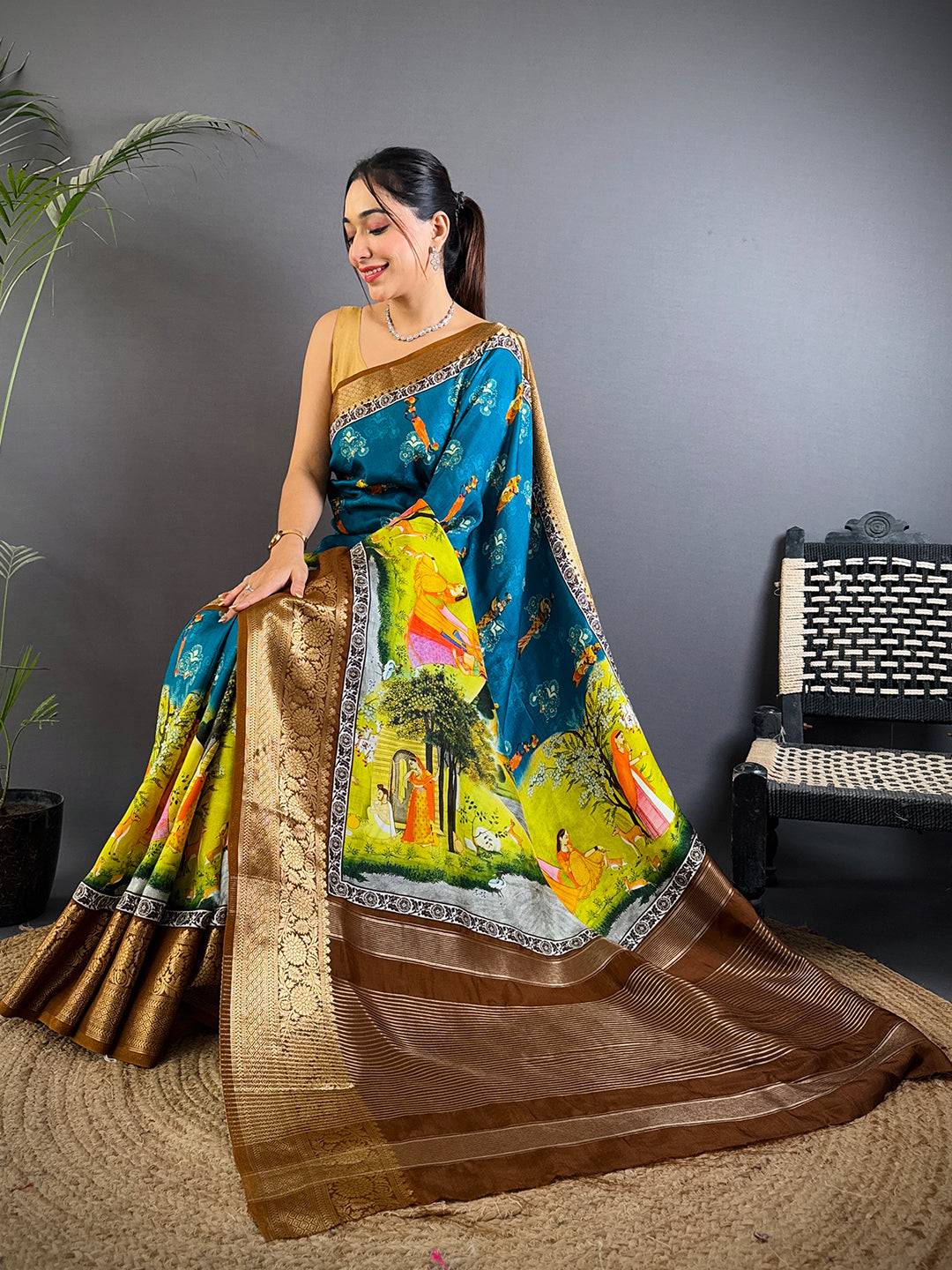 Teal Blue Viscose Pichwai Print Saree