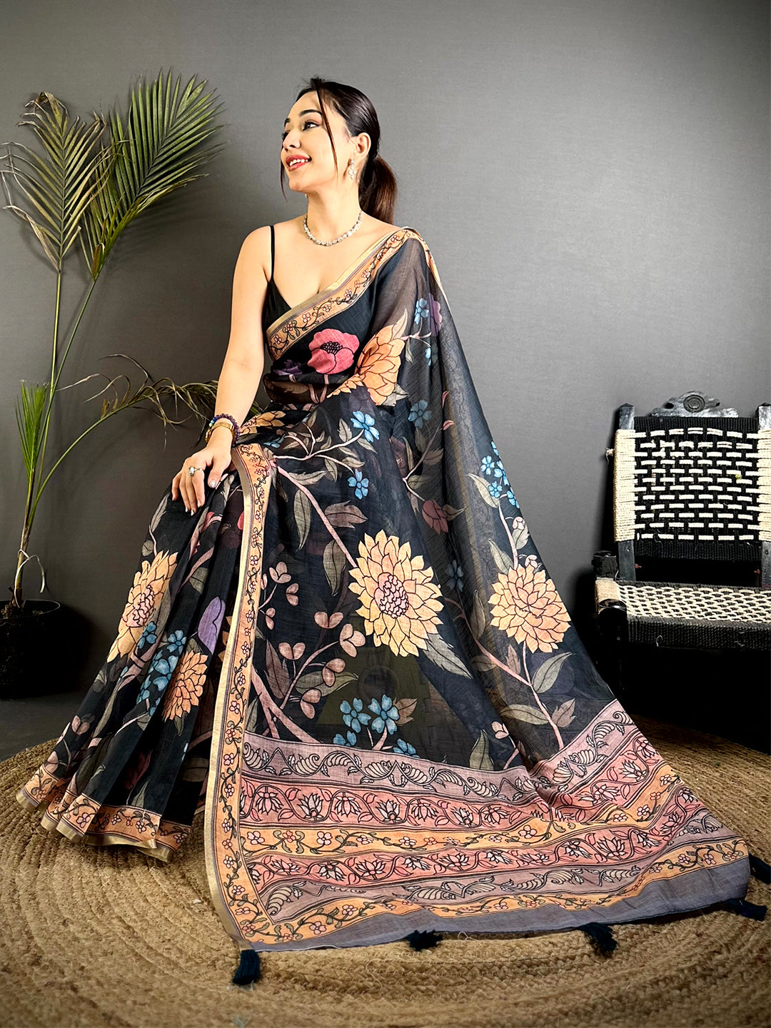 Black Floral Soft Linen Summer Saree