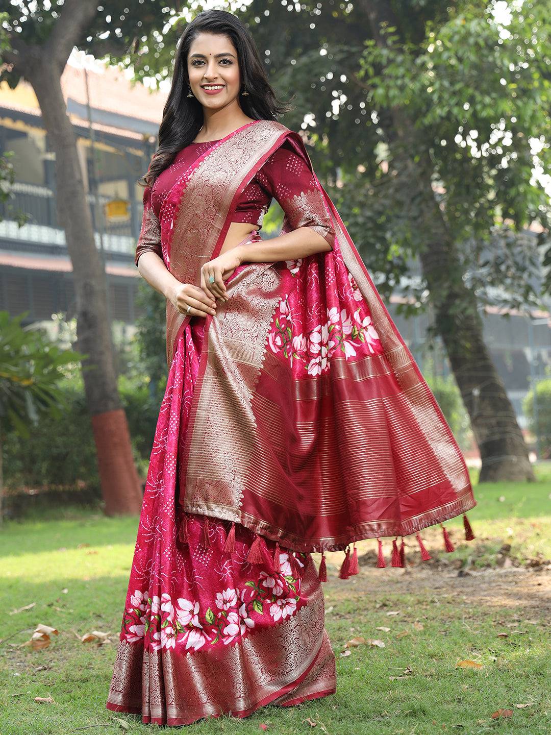 Pink Pure Viscose Dola Silk Saree With Floral Print Border