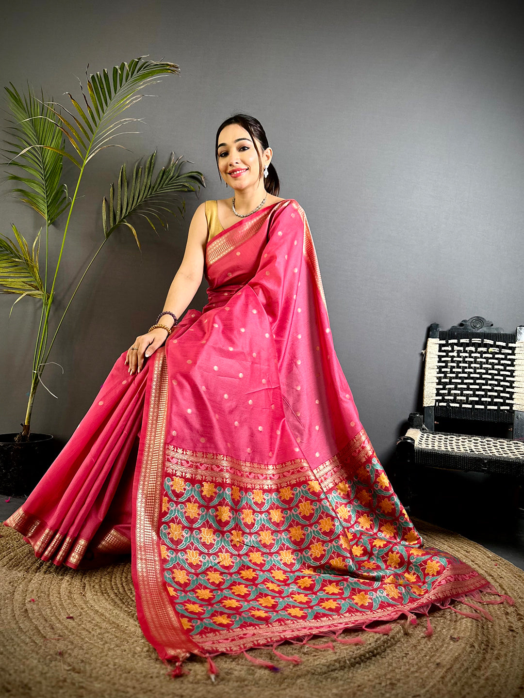 Gajri Minakari Paithani Raw Silk Saree