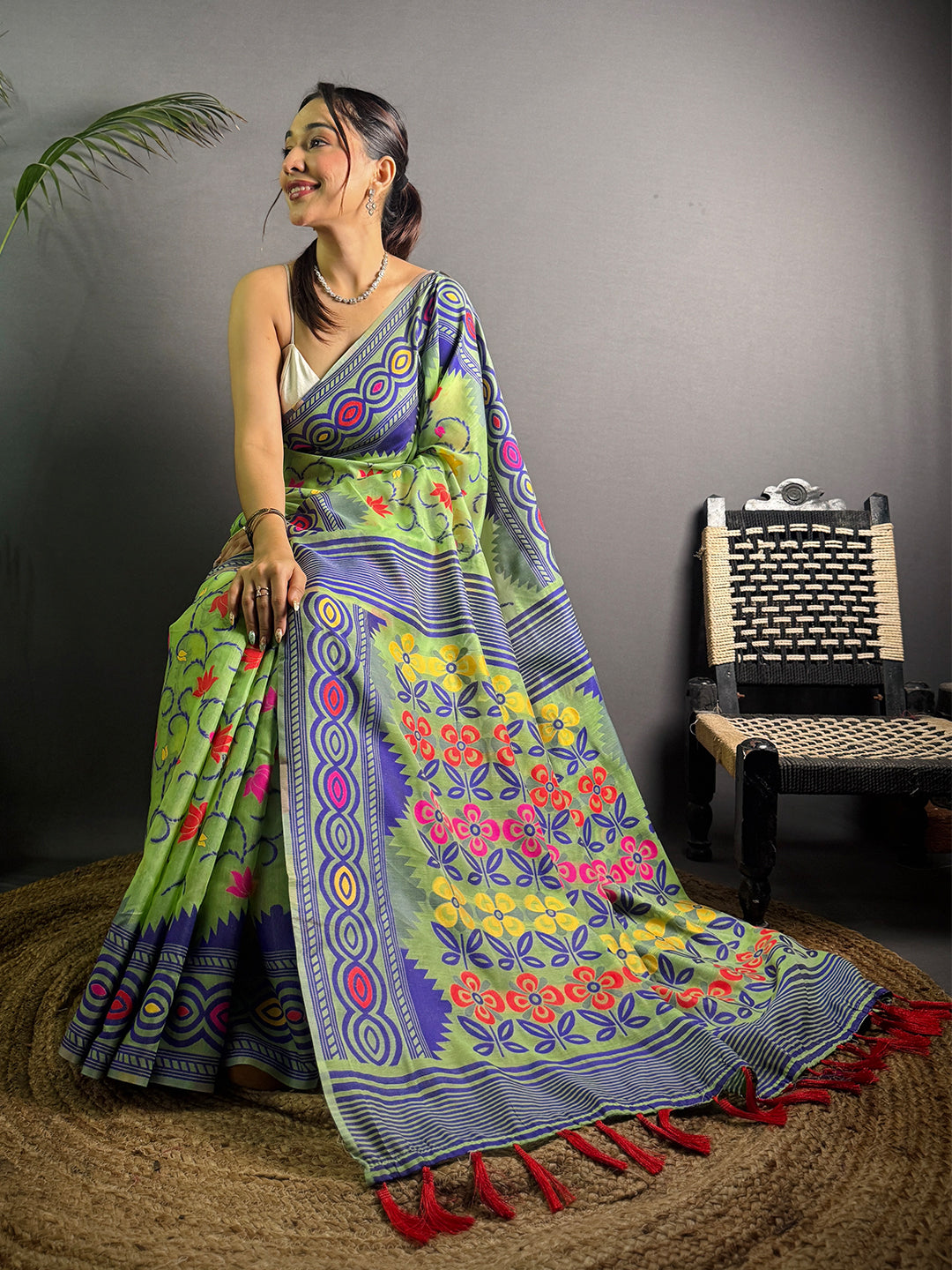 Light Green Dhakai Jamdani Soft Cotton Silk Saree