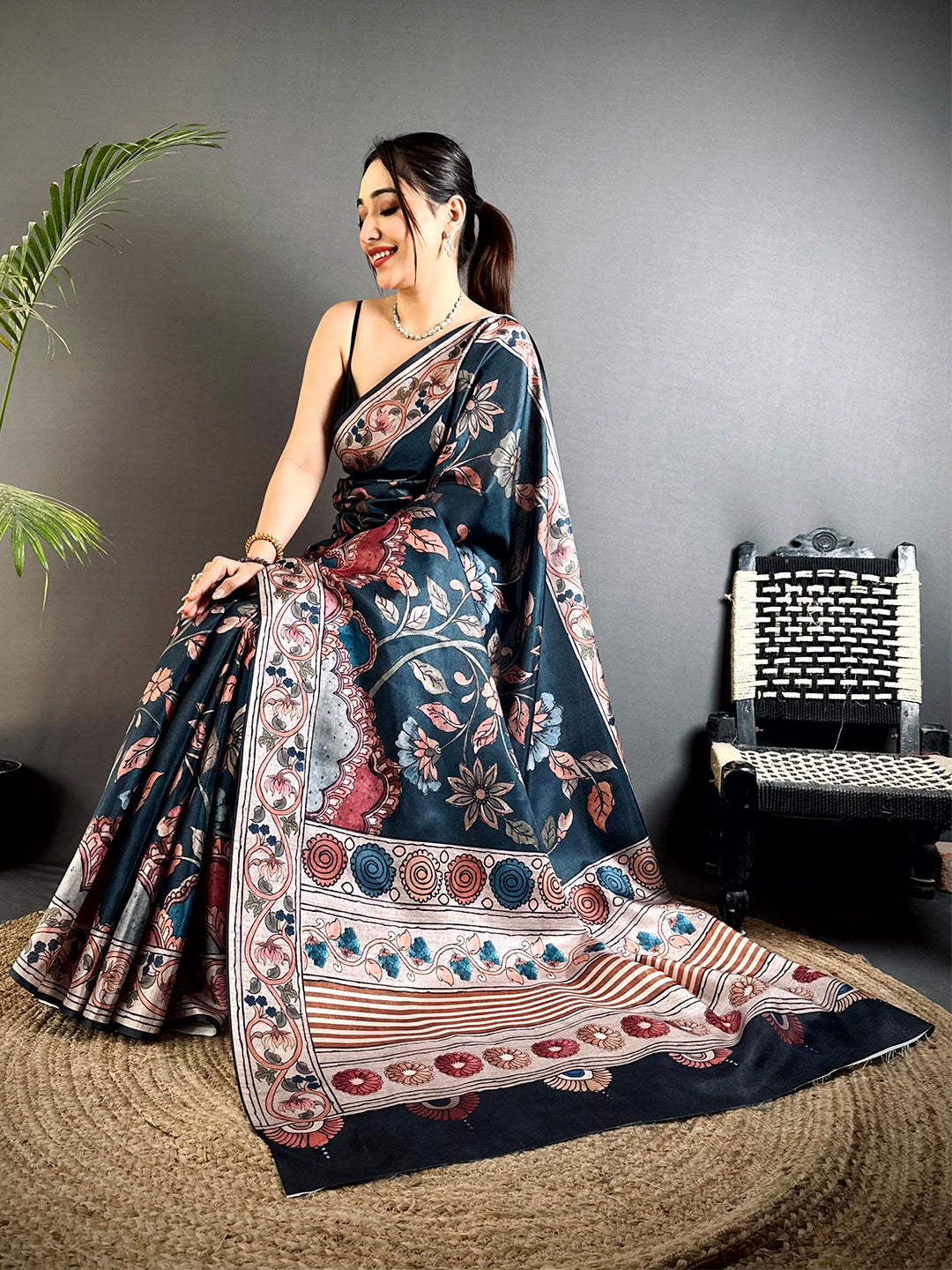 Artistic Dark Floral Soft Tussar Saree