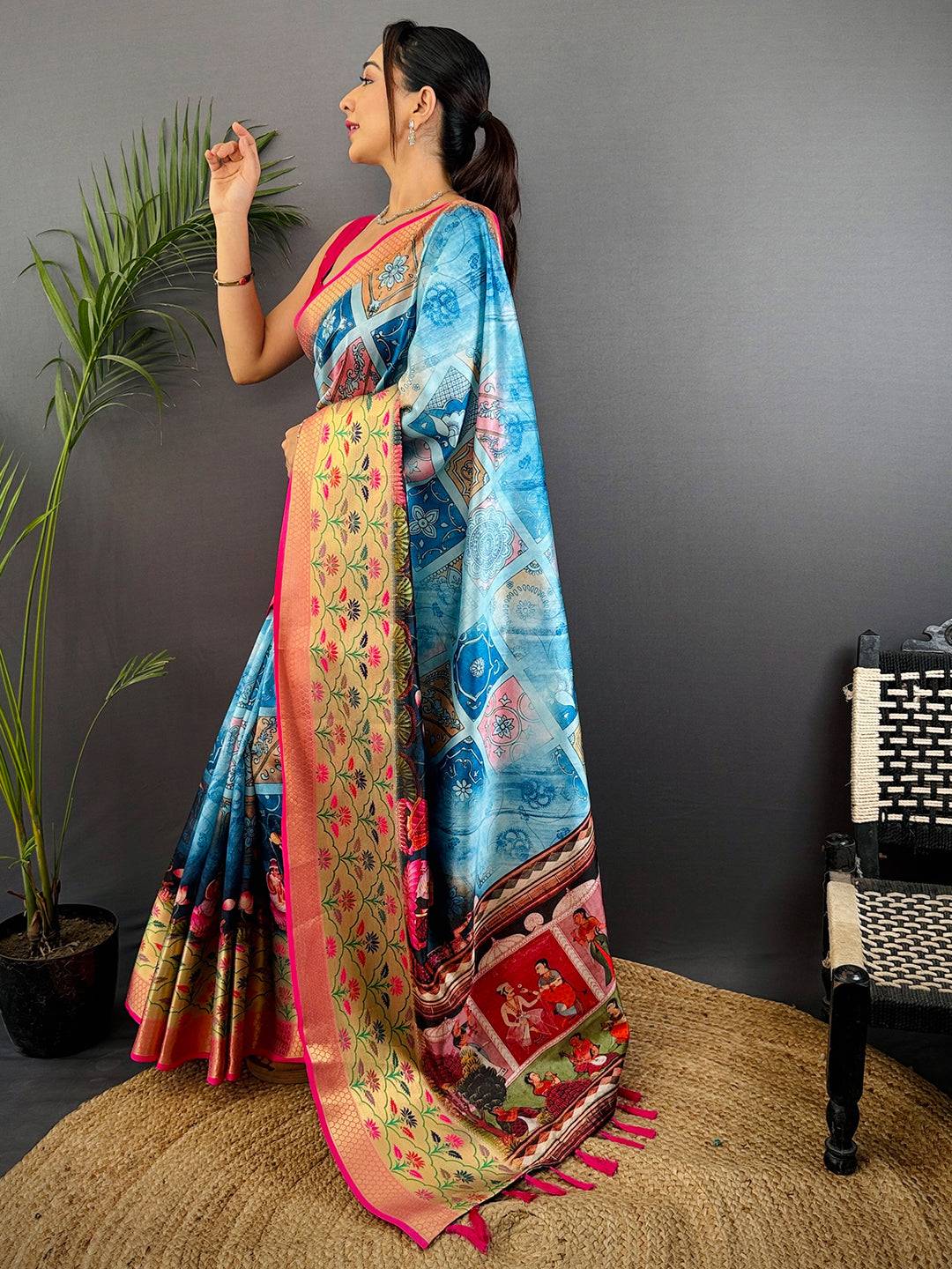 Sky Blue Freehand Digital Print Soft Silk Saree