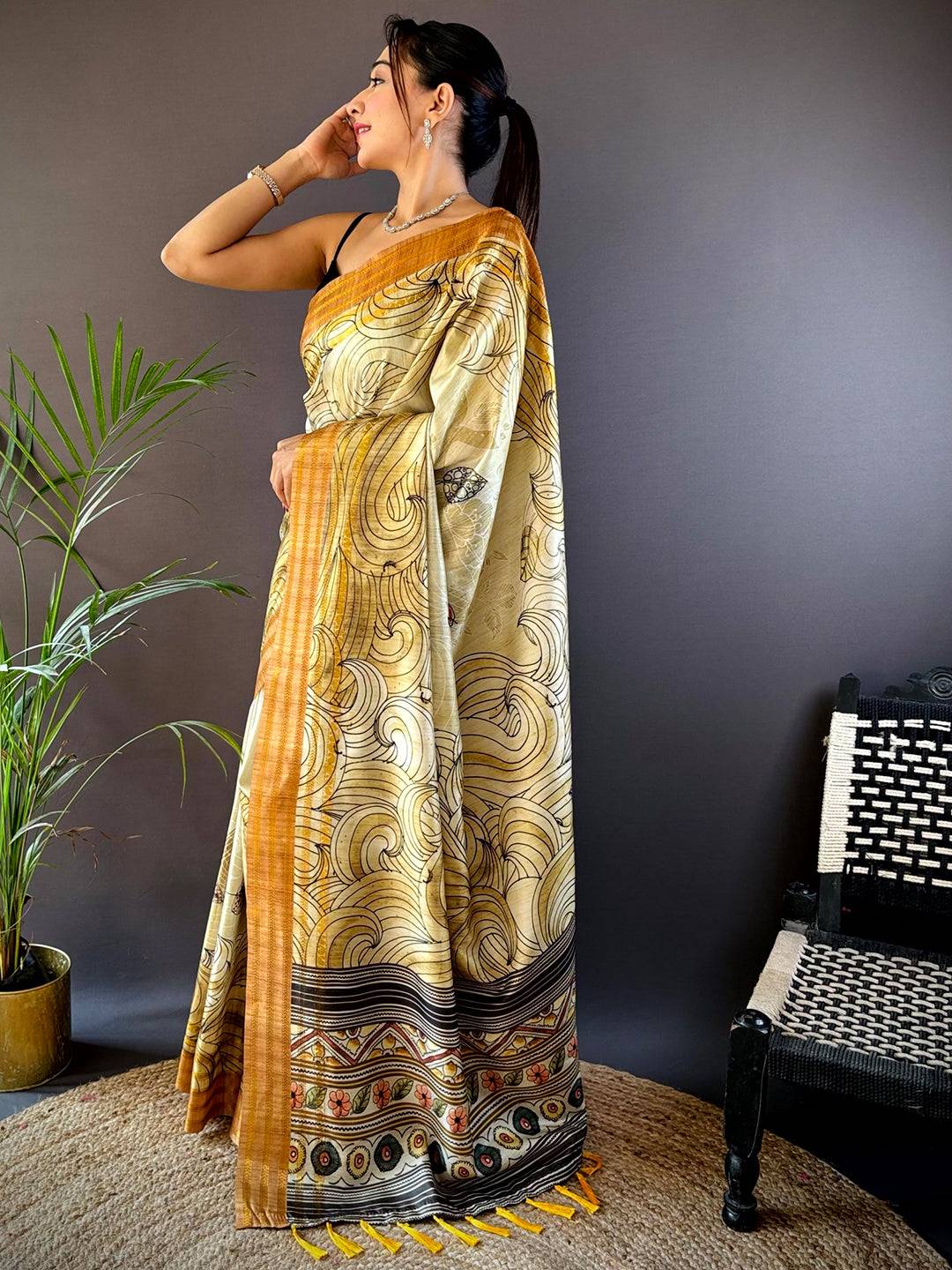 Olive Soft Silk Ocean Wave Patterns Saree