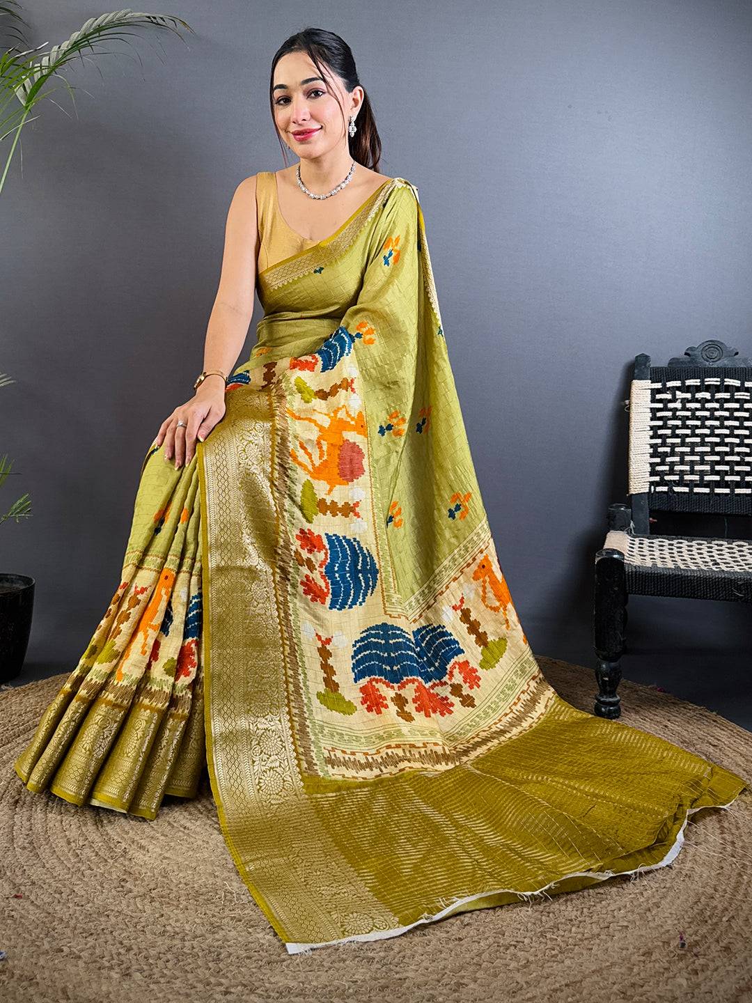 Pure Viscose Light Olive Ikkat Saree