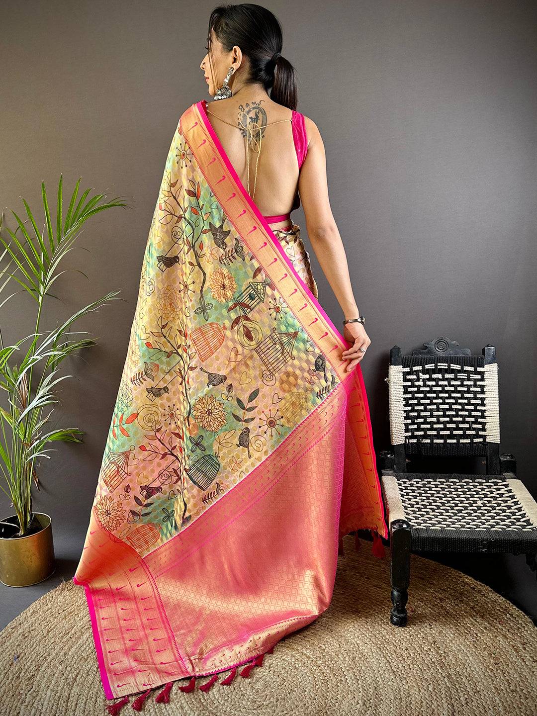 Multi Digital Paithani Kora Silk Saree