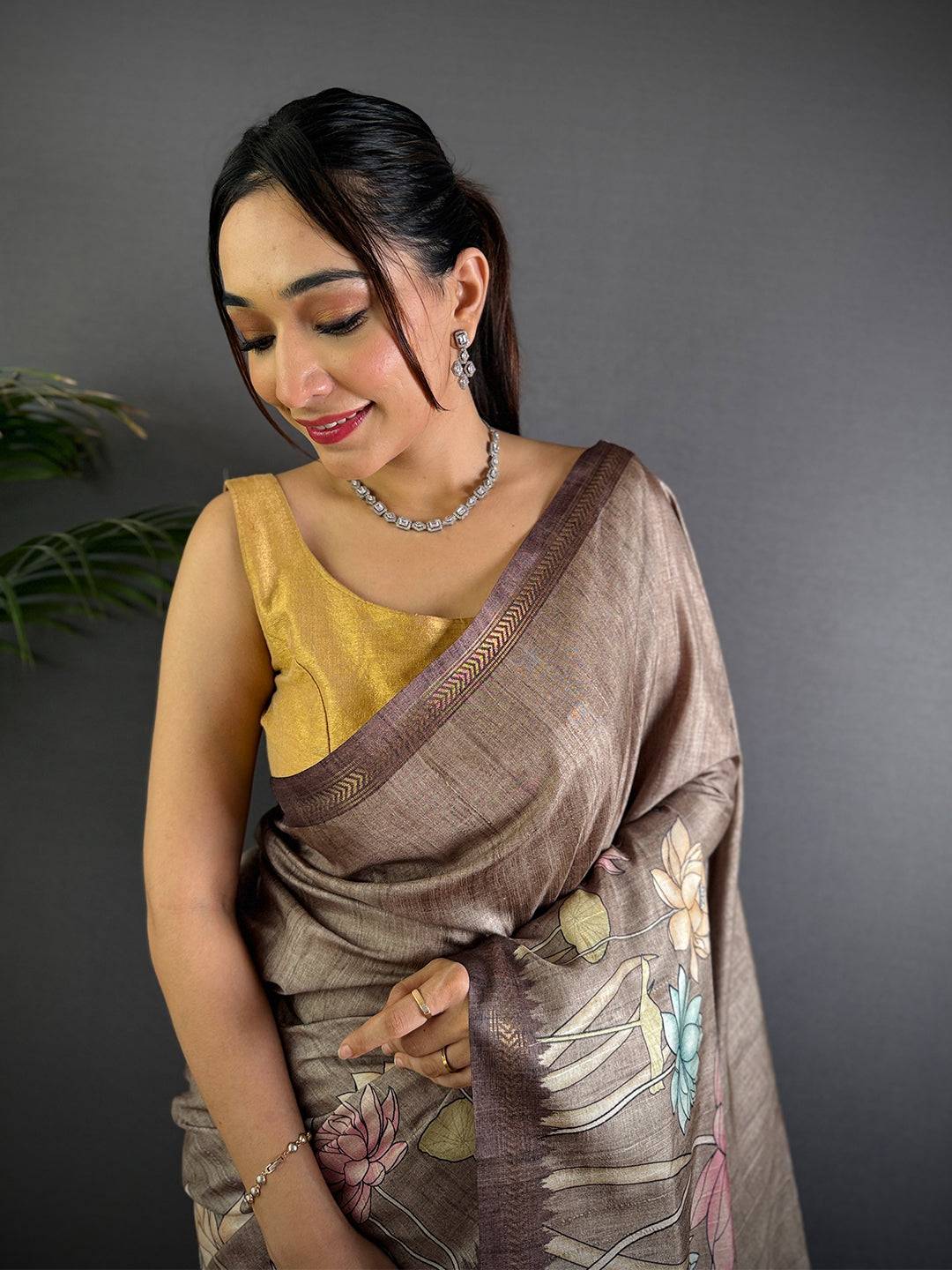 Regal Brown Tussar Ghicha Silk Saree