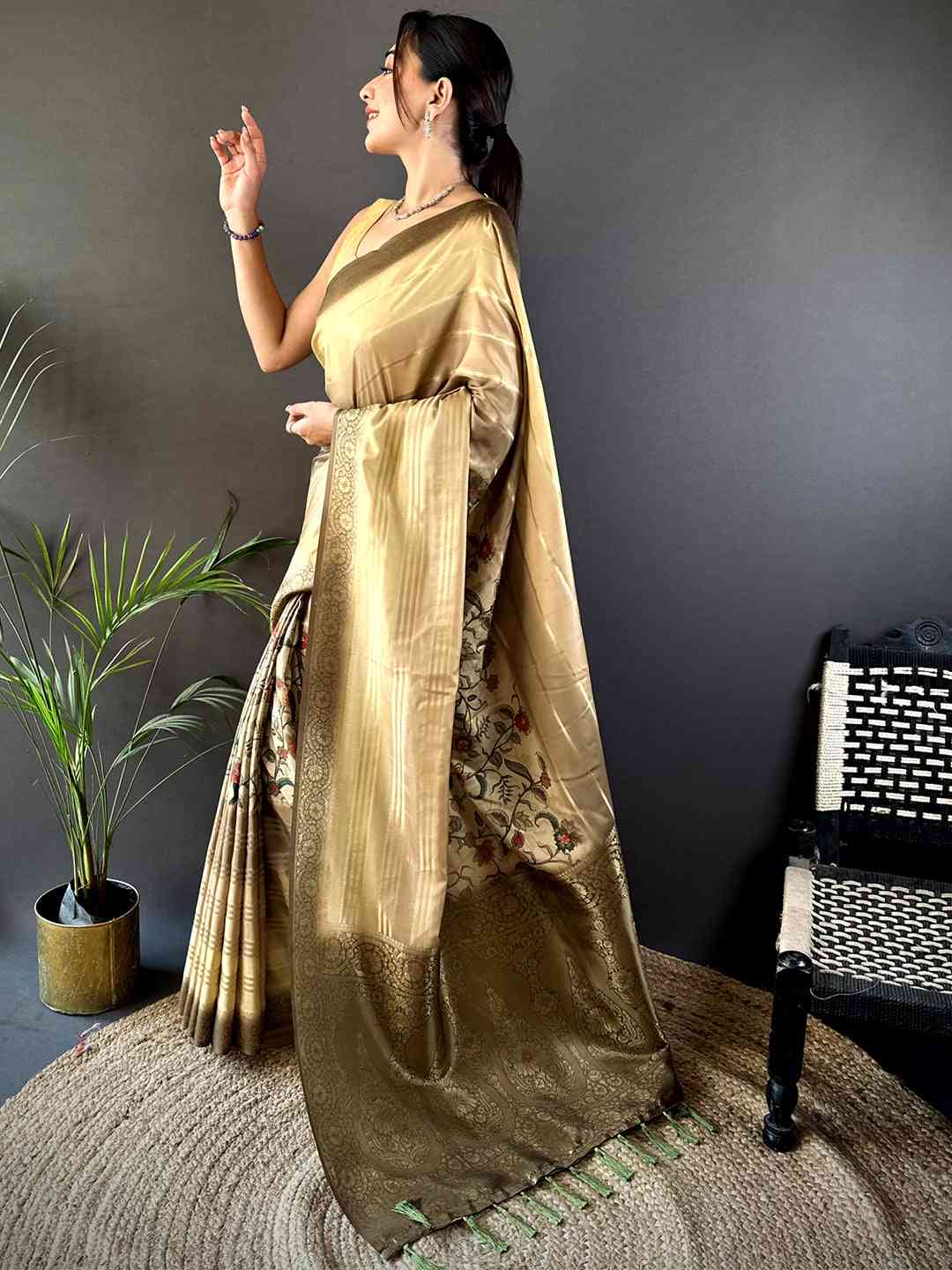 Olive Kalamkari Ombre Crepe Silk Saree