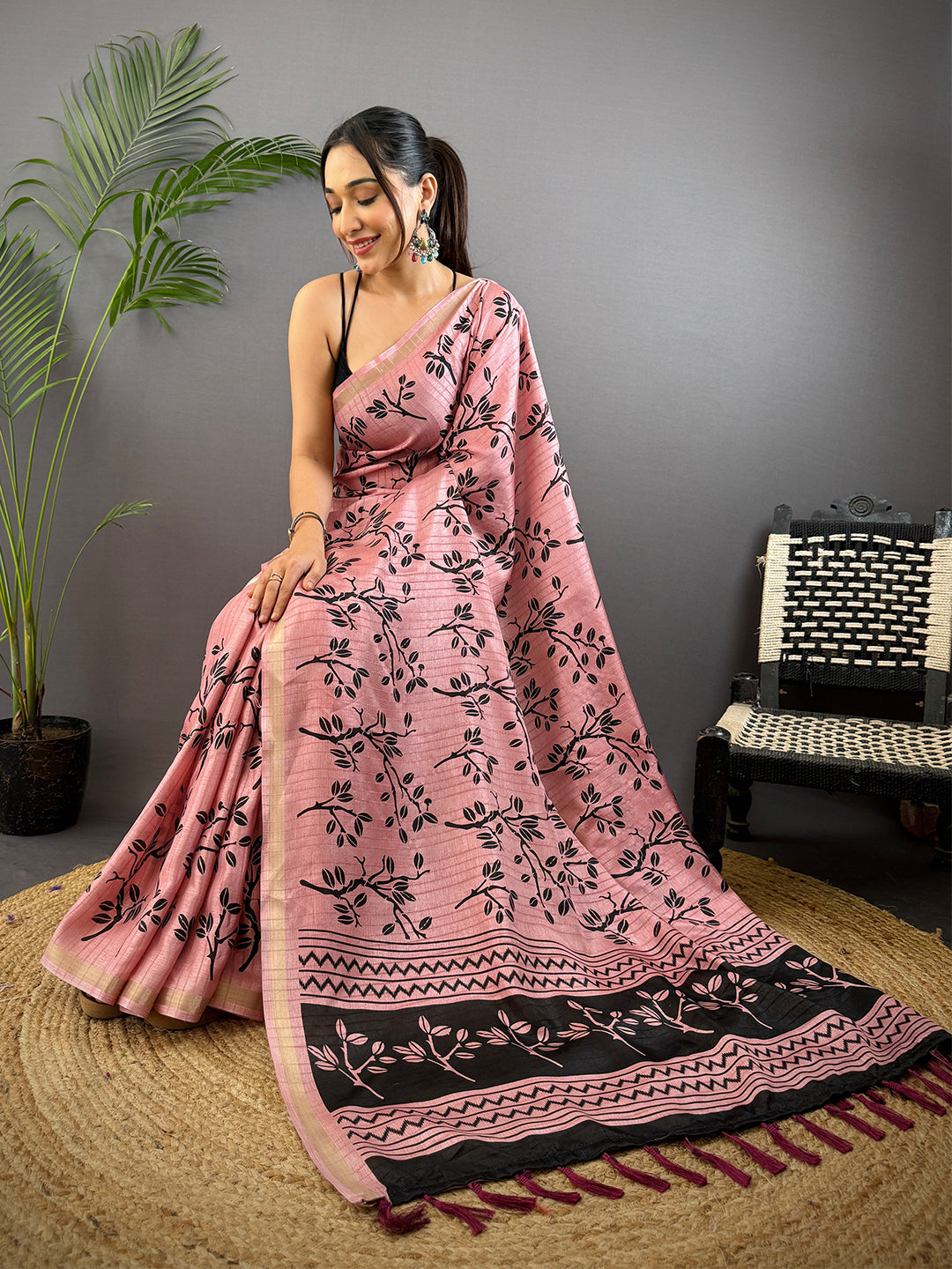 Rose Pink Ghicha Leaf Print Saree