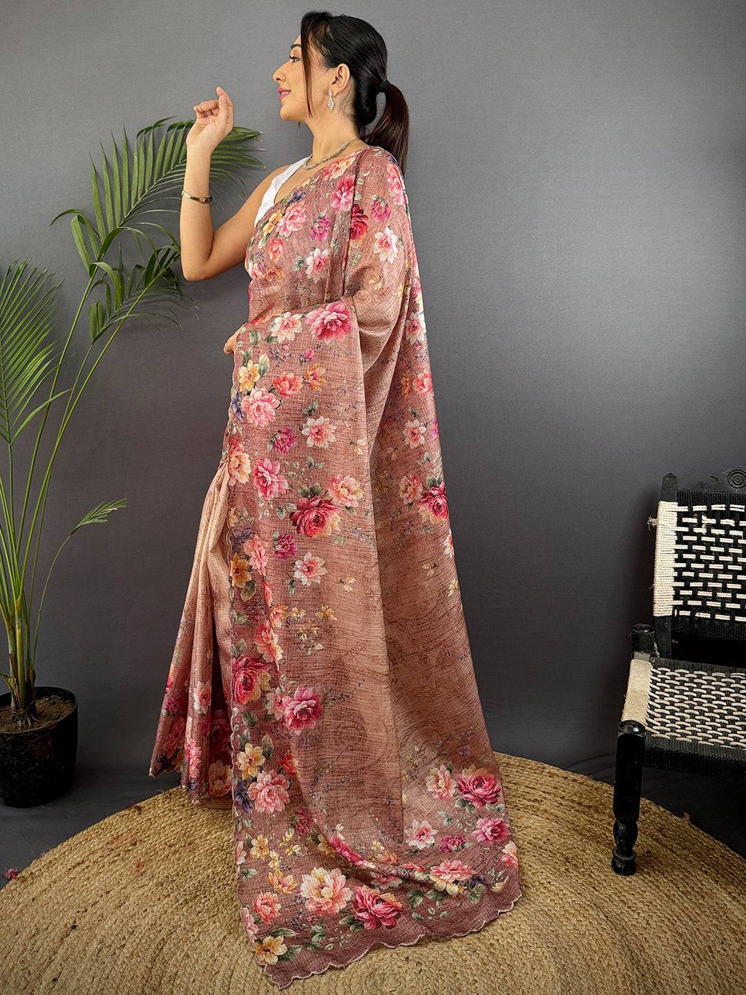 Light Brown Kota Doriya Floral Cut Work Saree