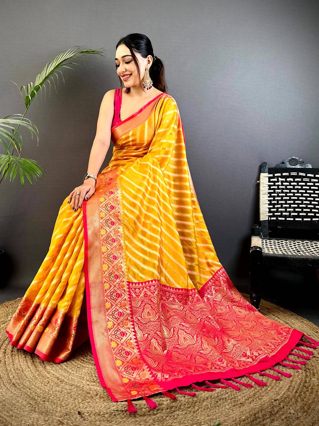 Yellow Banarasi Lehriya Katan Silk Saree