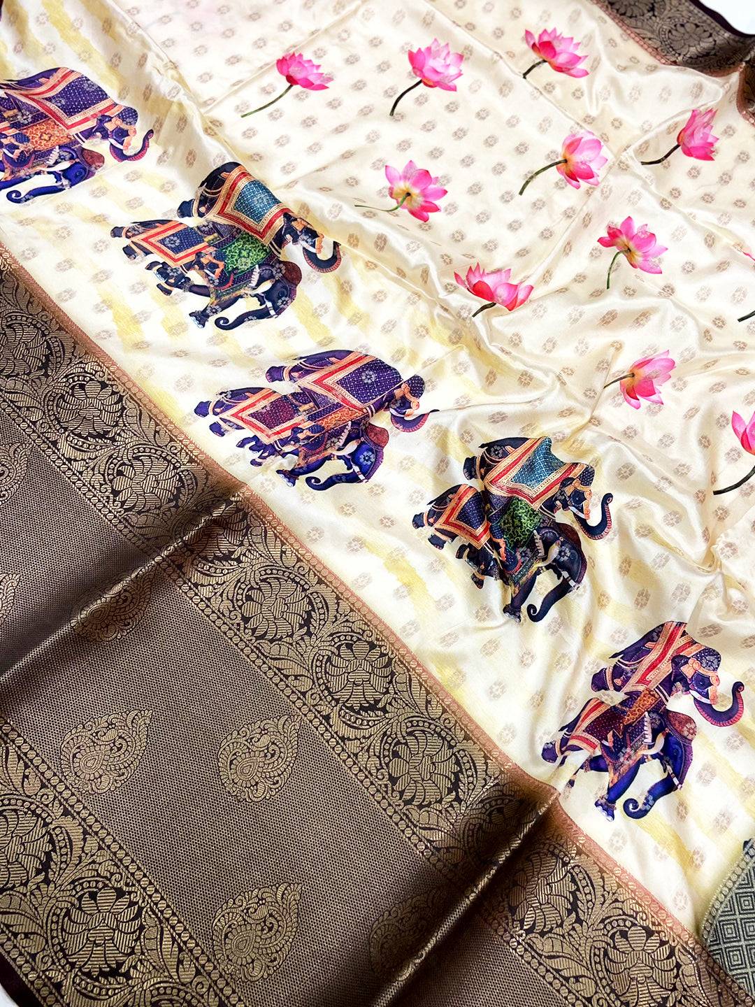 Cream Digital Elephant Motifs Banarasi Saree