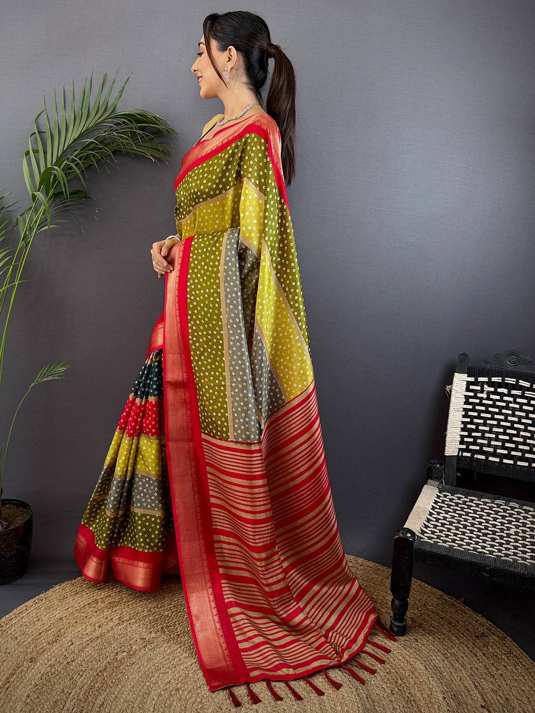 Red Soft Dola Bandhej Print Saree