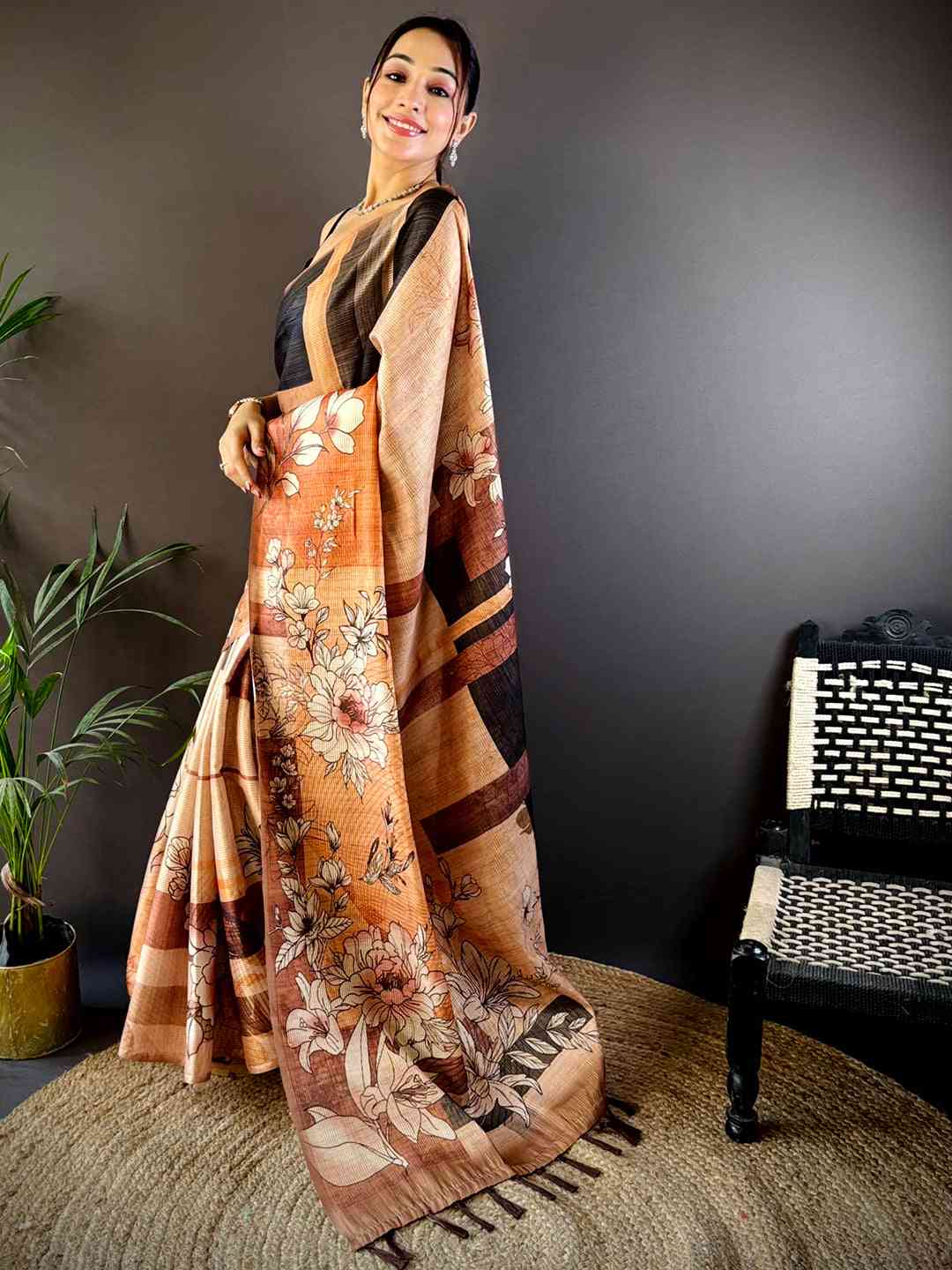 Petals Peach Tussar Zari Floral Saree