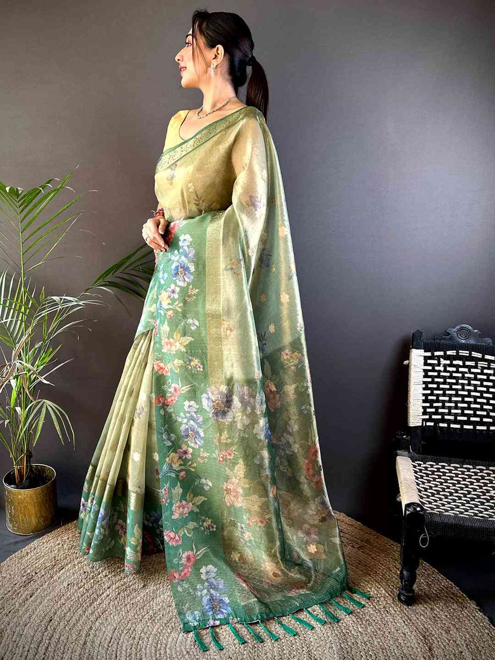 Dark Green Tissue Digital Floral Saree