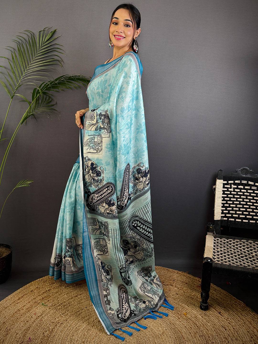 Sky Blue Linen Kalamkari Printed Saree