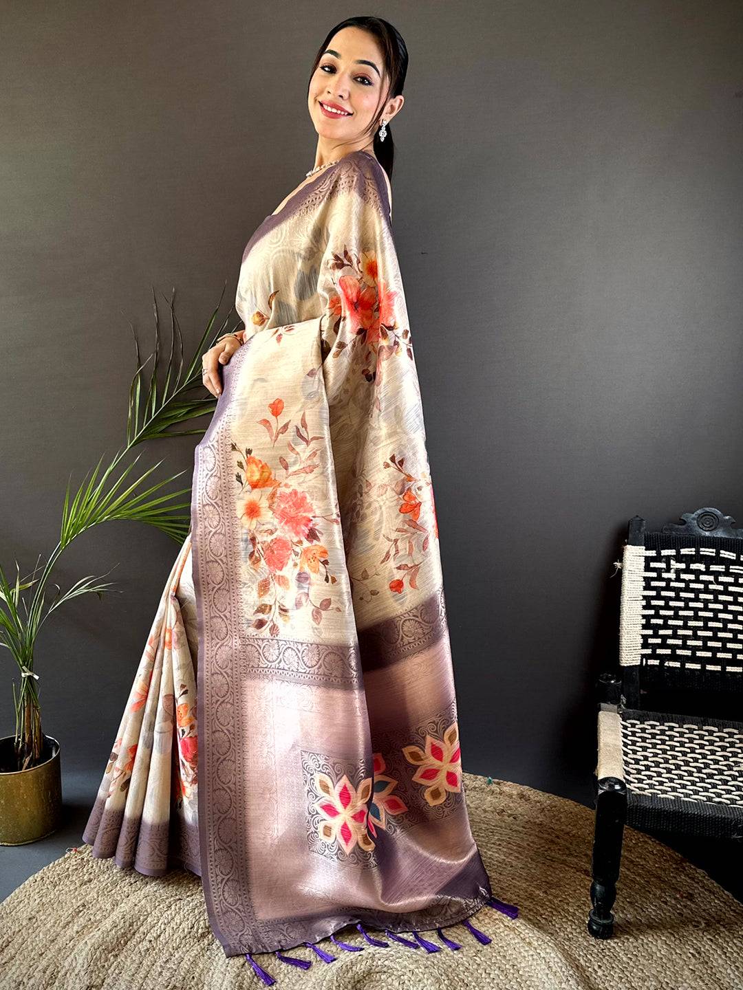 Ivory Slub Ghicha Placement Print Saree