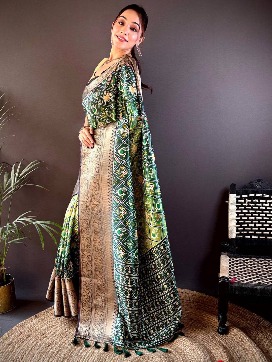 Stylish Ombre Green Soft Silk Saree with traditional Patola print