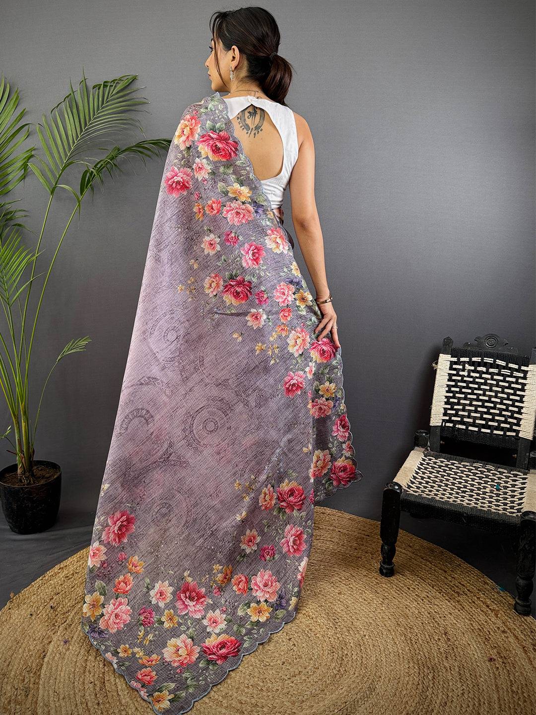 Dusty Lavender Floral Cut Work Kota Saree