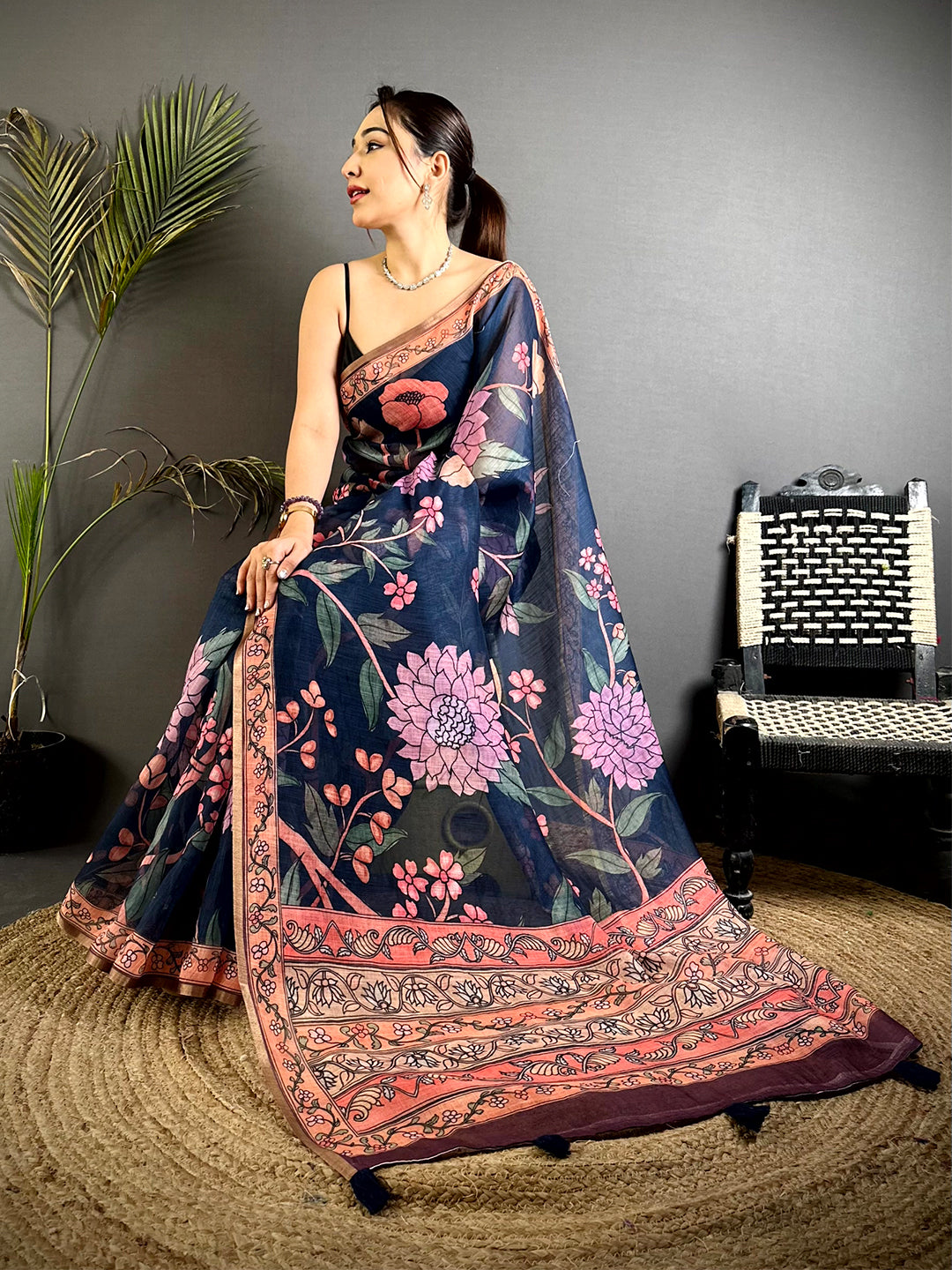 Navy Floral Soft Linen Summer Saree