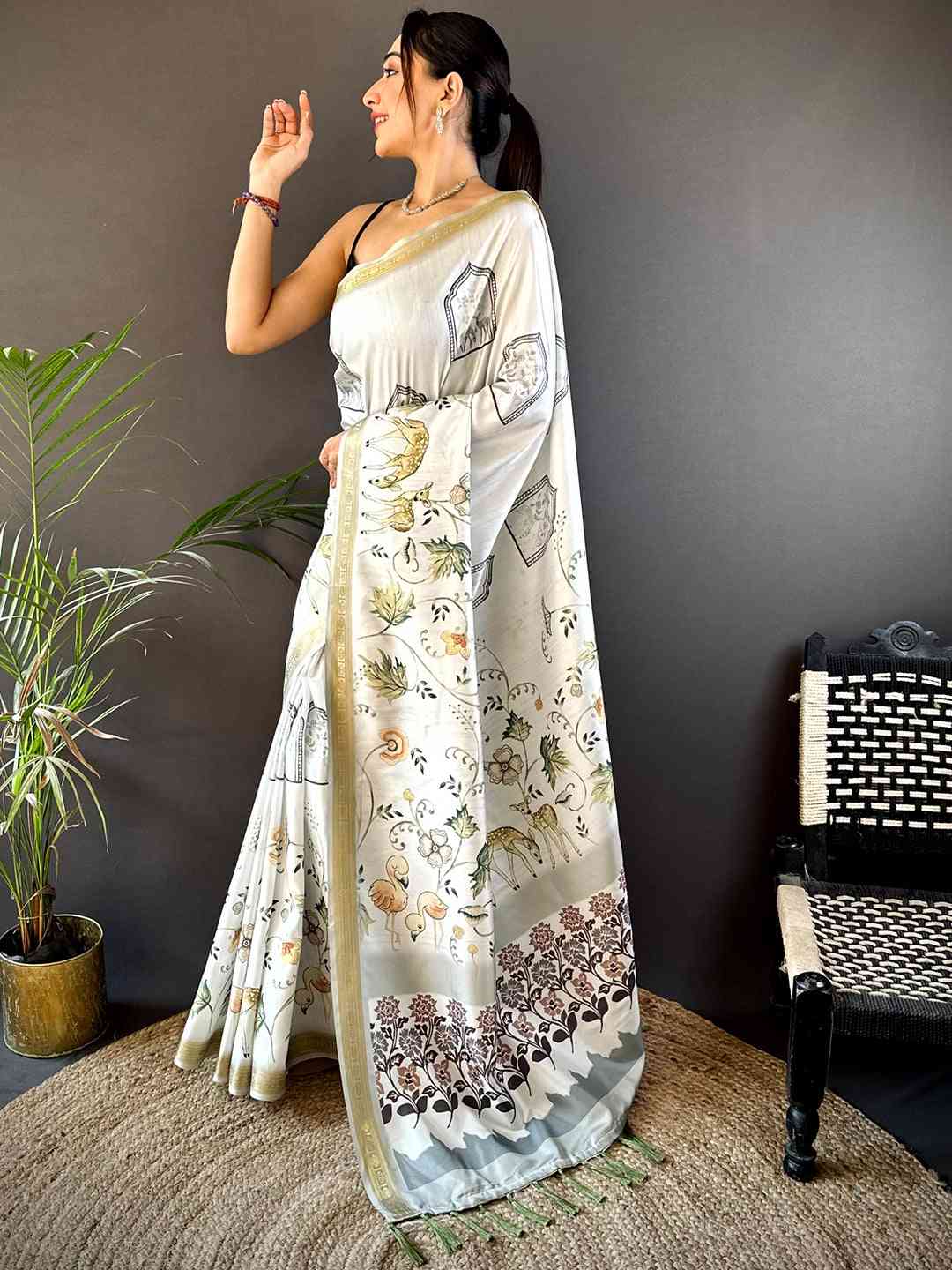 Green Forest Phulkari Kalamkari Print Saree