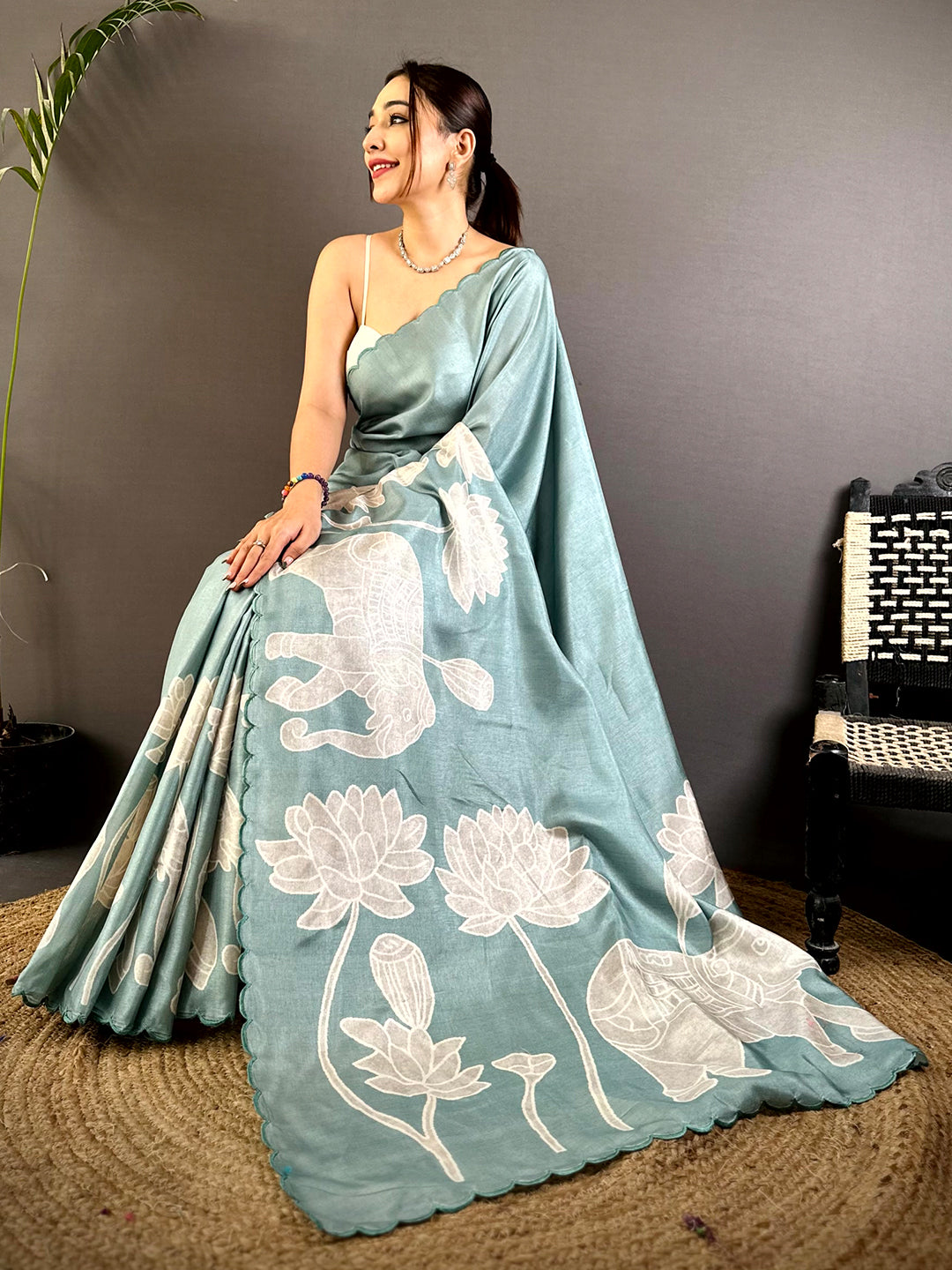 Artistic Tussar Cutwork Digital Saree