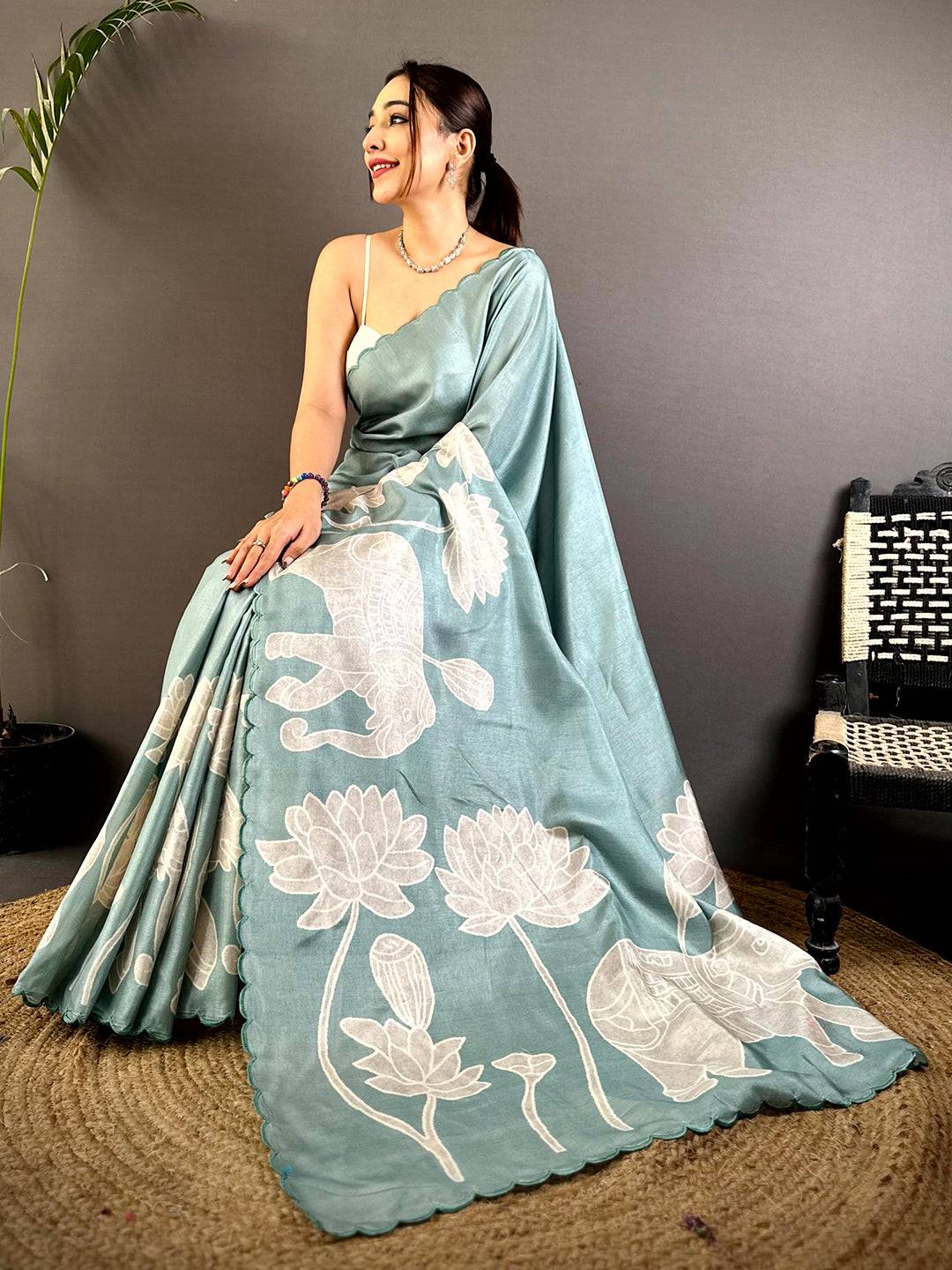 Artistic Tussar Cutwork Digital Saree