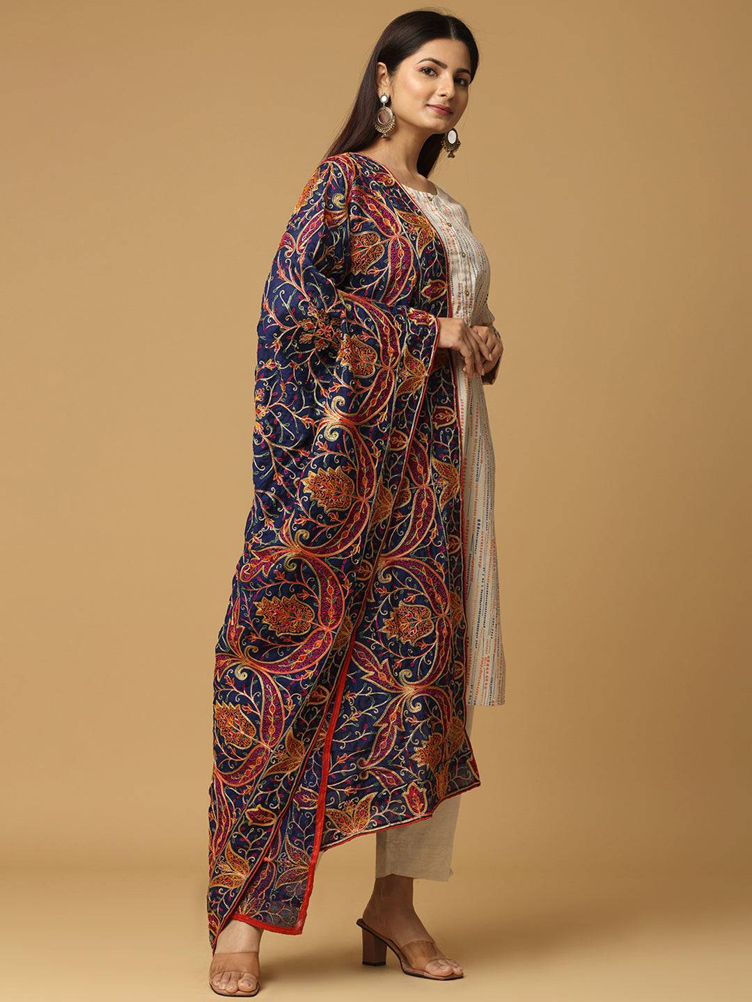 Elegant Navy Pashmina Dupatta with Ethnic Embroidery